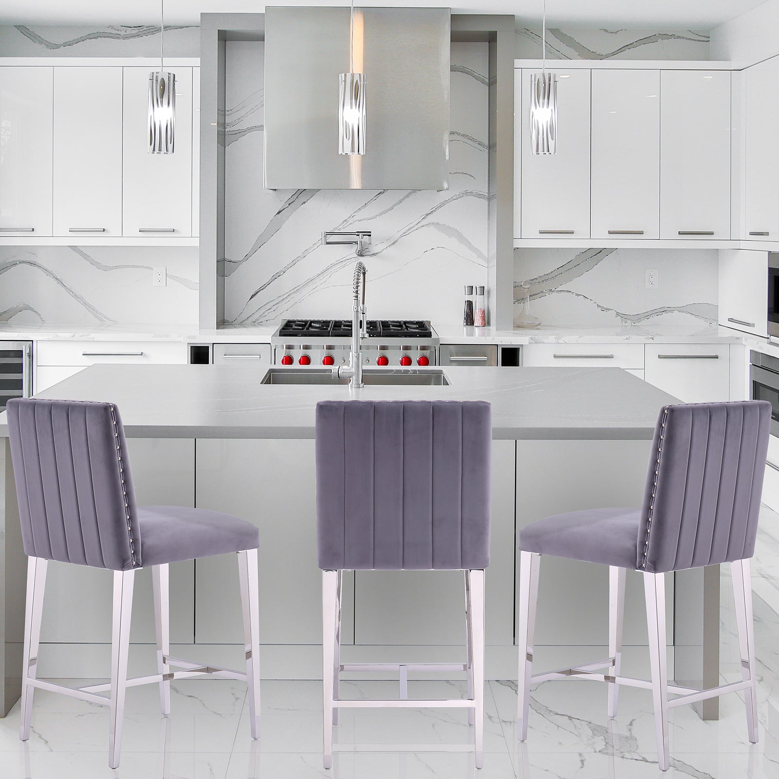 Counter Height Bar Stools | Gray Velvet | 24.8-Inch Height