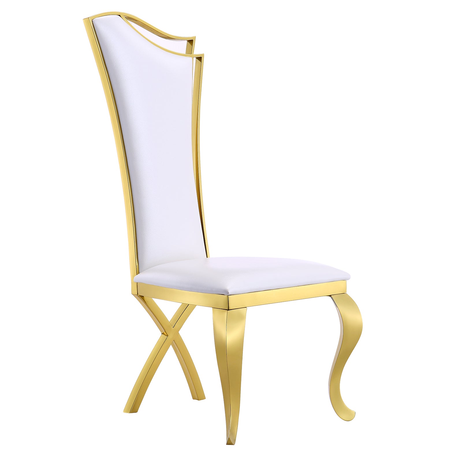White Leather Upholstered Dining Chairs with Gorgeous Streamlined High Back and X-Shaped Metal Legs | C168