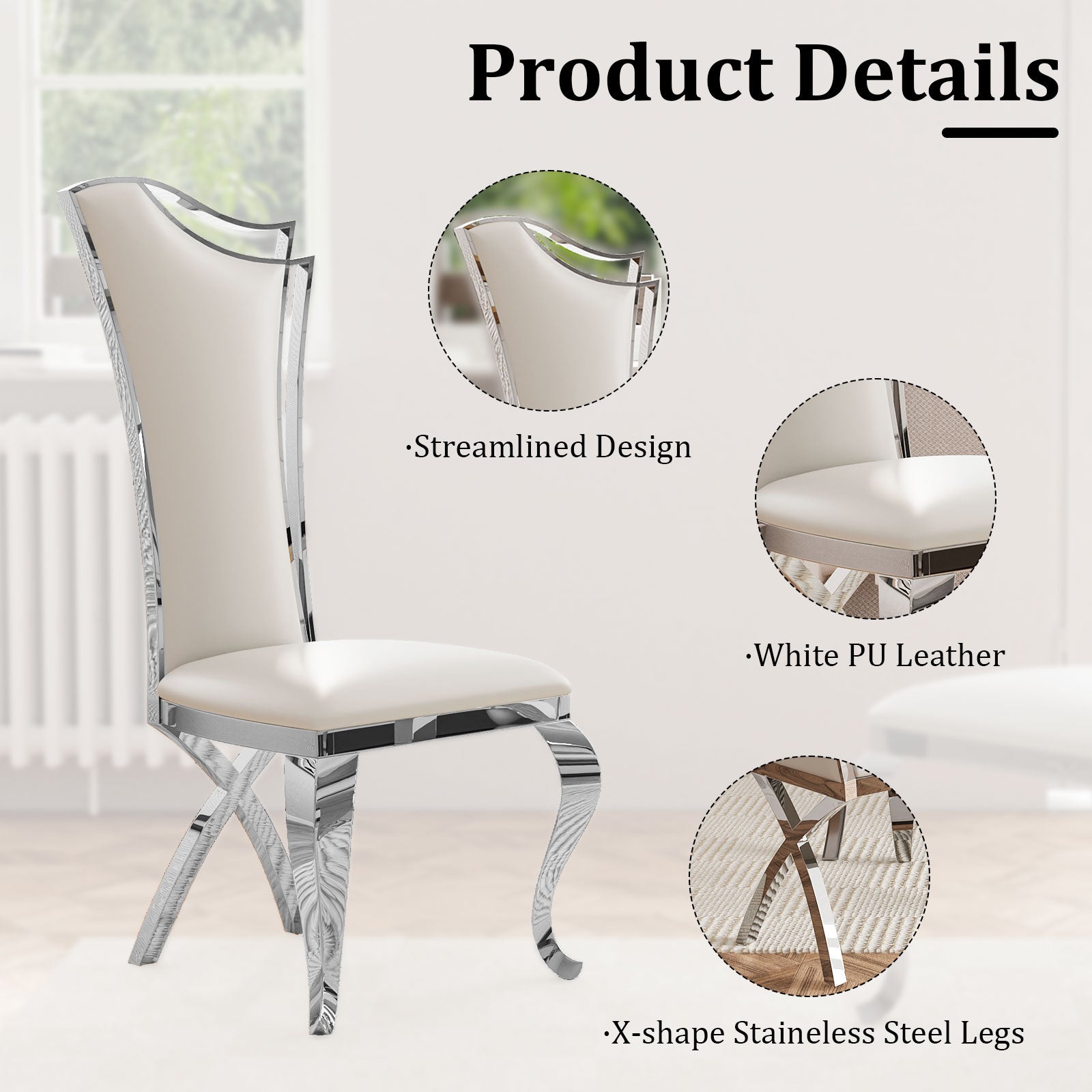 White leather Dining Chairs | Streamlined High backrest | Silver Metal Legs | C165