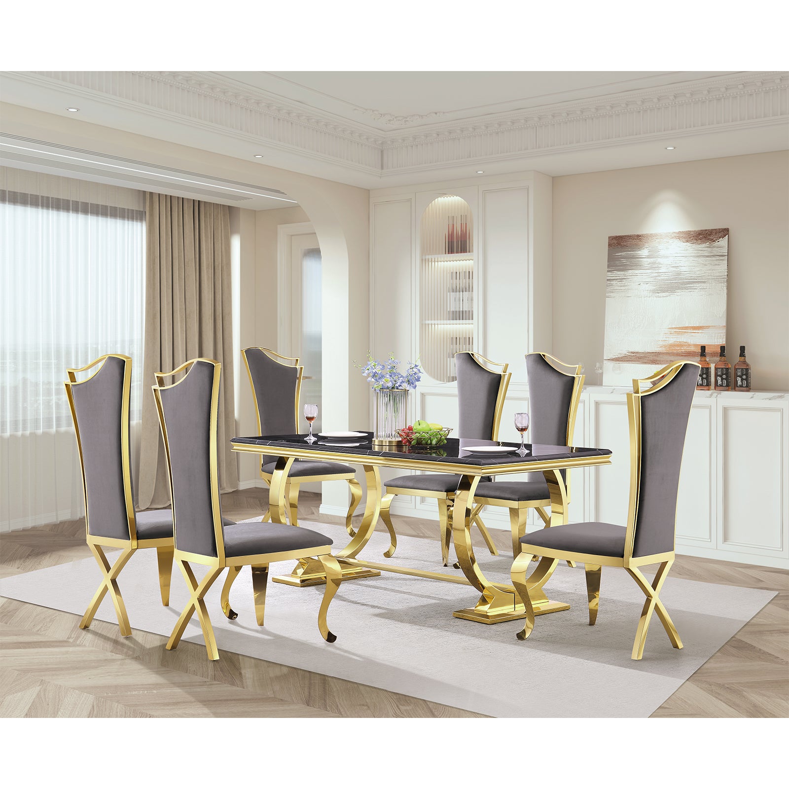 Gray Velvet Dining Chairs | Streamlined High backrest | Gold Metal Legs | C167
