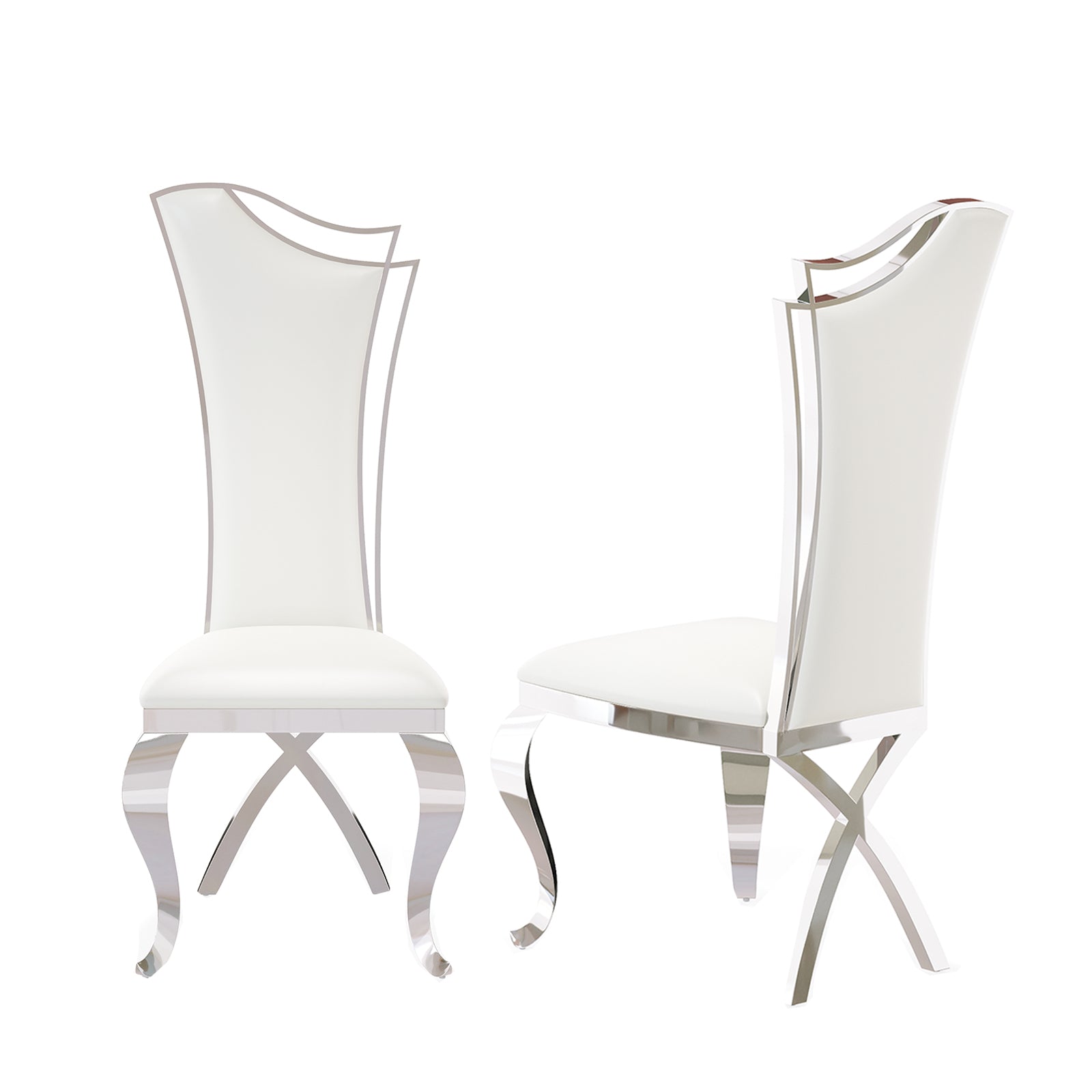 White leather Dining Chairs | Streamlined High backrest | Silver Metal Legs | C165