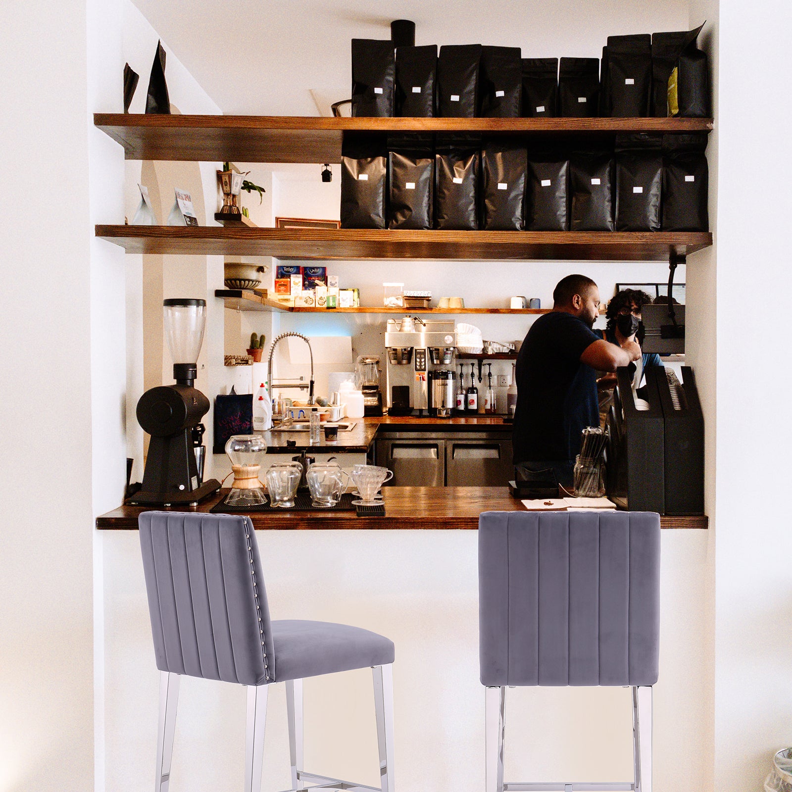 Counter Height Bar Stools | Gray Velvet | 24.8-Inch Height
