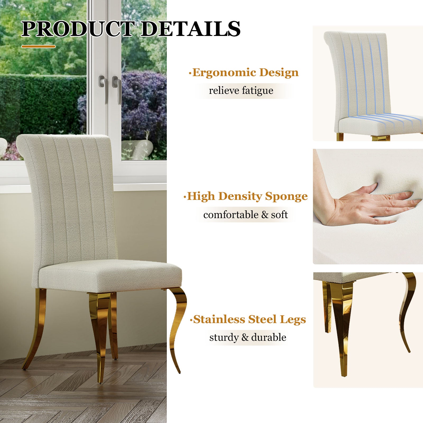 White and Gold Dining Chairs | Boucle Dining Chairs | Polished Cabriole Leg | C178