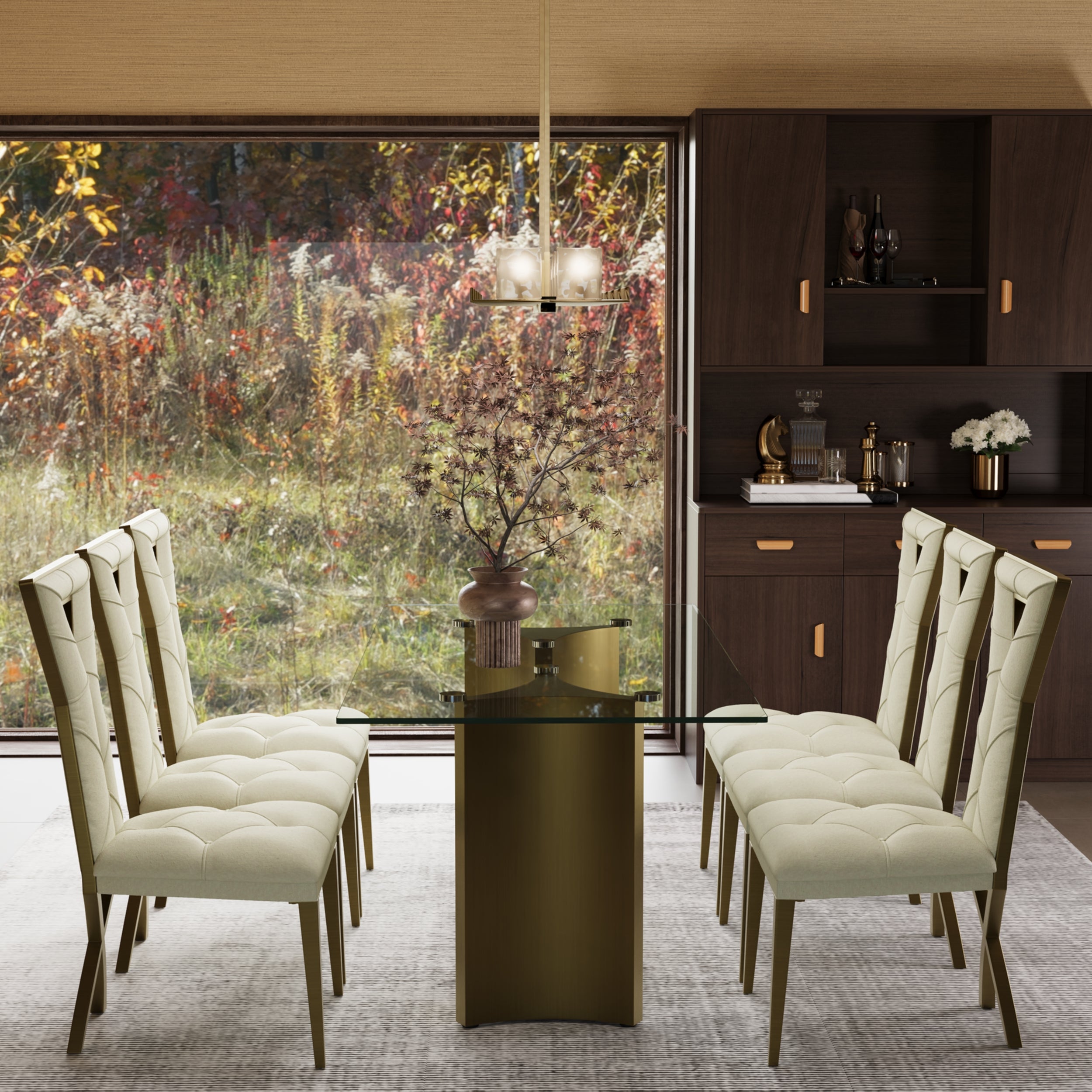 721 Set | Brushed Gold Dining Table Set for 6 | 70" Glass Dining Table and 6 Pcs Brushed Gold Dining Chairs
