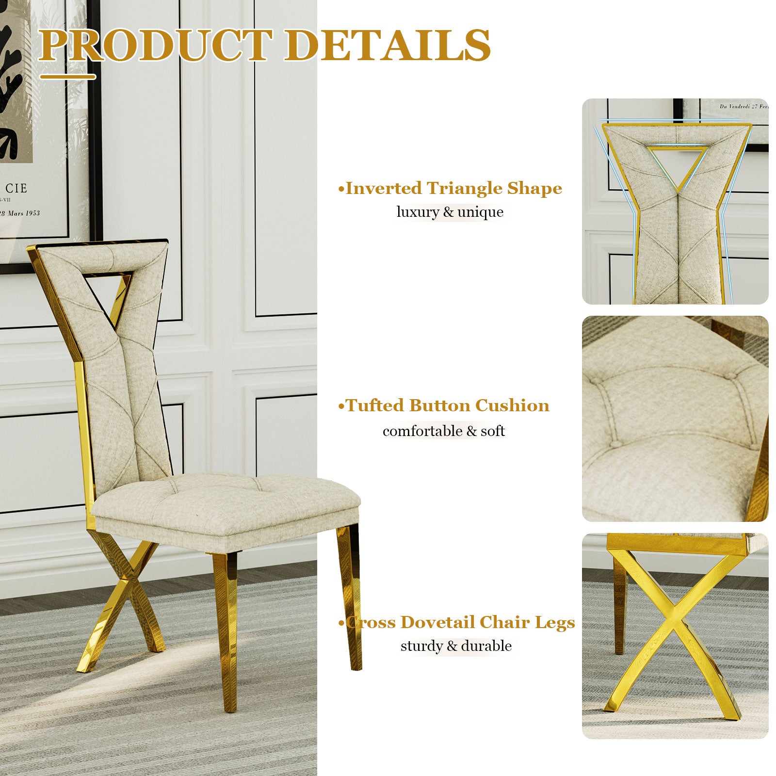Off White and Gold Dining Chairs | Chenille Dining Chairs | X-shaped Polished Leg | C182