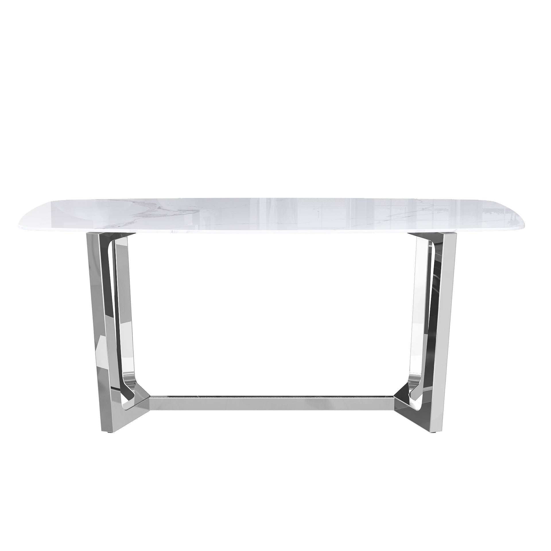70" White Dining Table | Sintered Stone Dining Room Table for 4-6 | Silver Polished Frame | T235