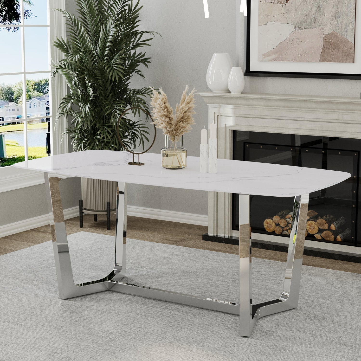 Silver Dining Table with White Stone Tabletop, Modern Elegant Design