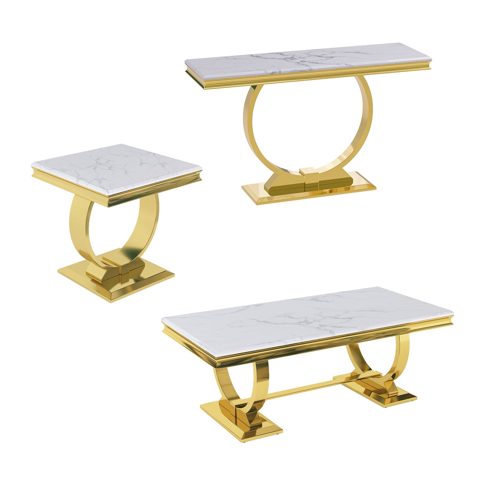 white and gold coffee table set, modern living room table set, white tabletop and stainless steel frame