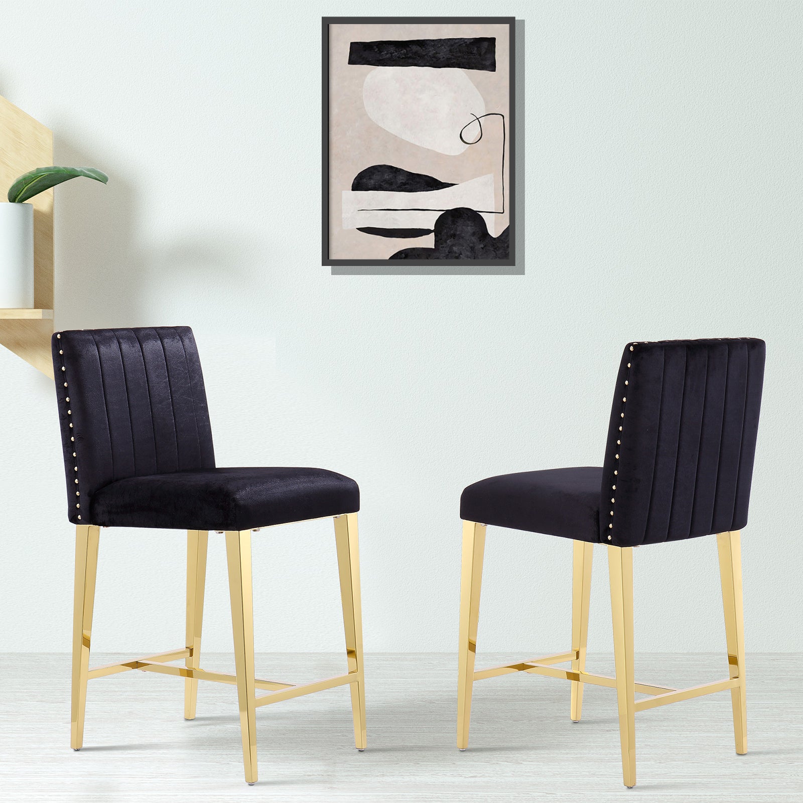 Counter Height Bar Stools | Black Velvet | 24.8-Inch Height