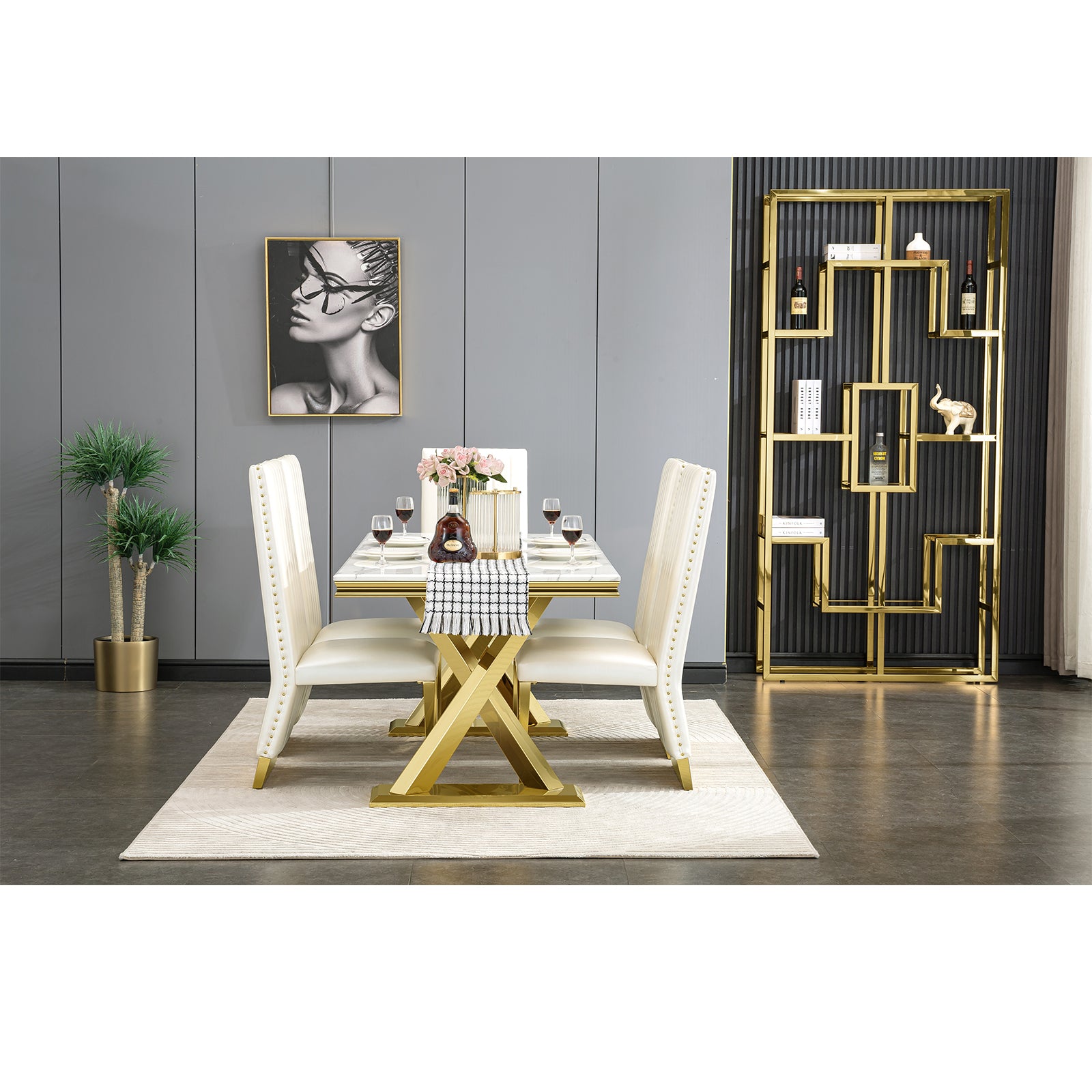 White Gold DIning table | 72" Rectangle Top |  Metal X legs | T213
