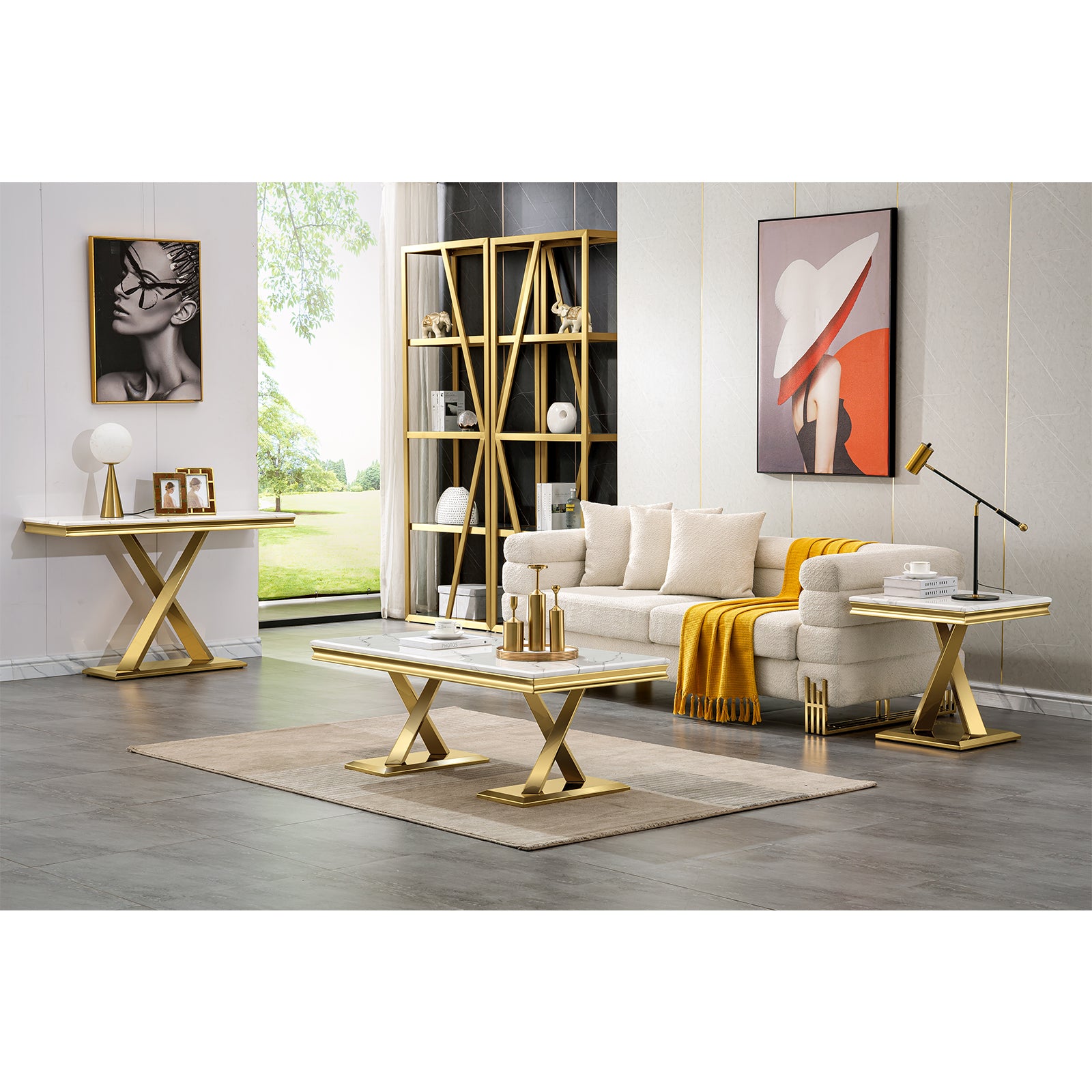 White  End Table with gold x base | E403