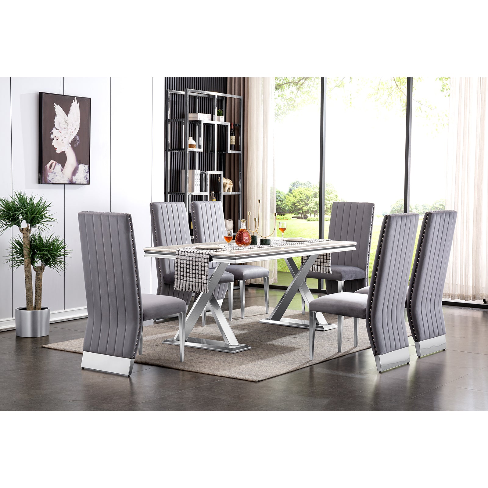 Gray Silver DIning table | 72" Rectangle Top |  Metal X legs | T212