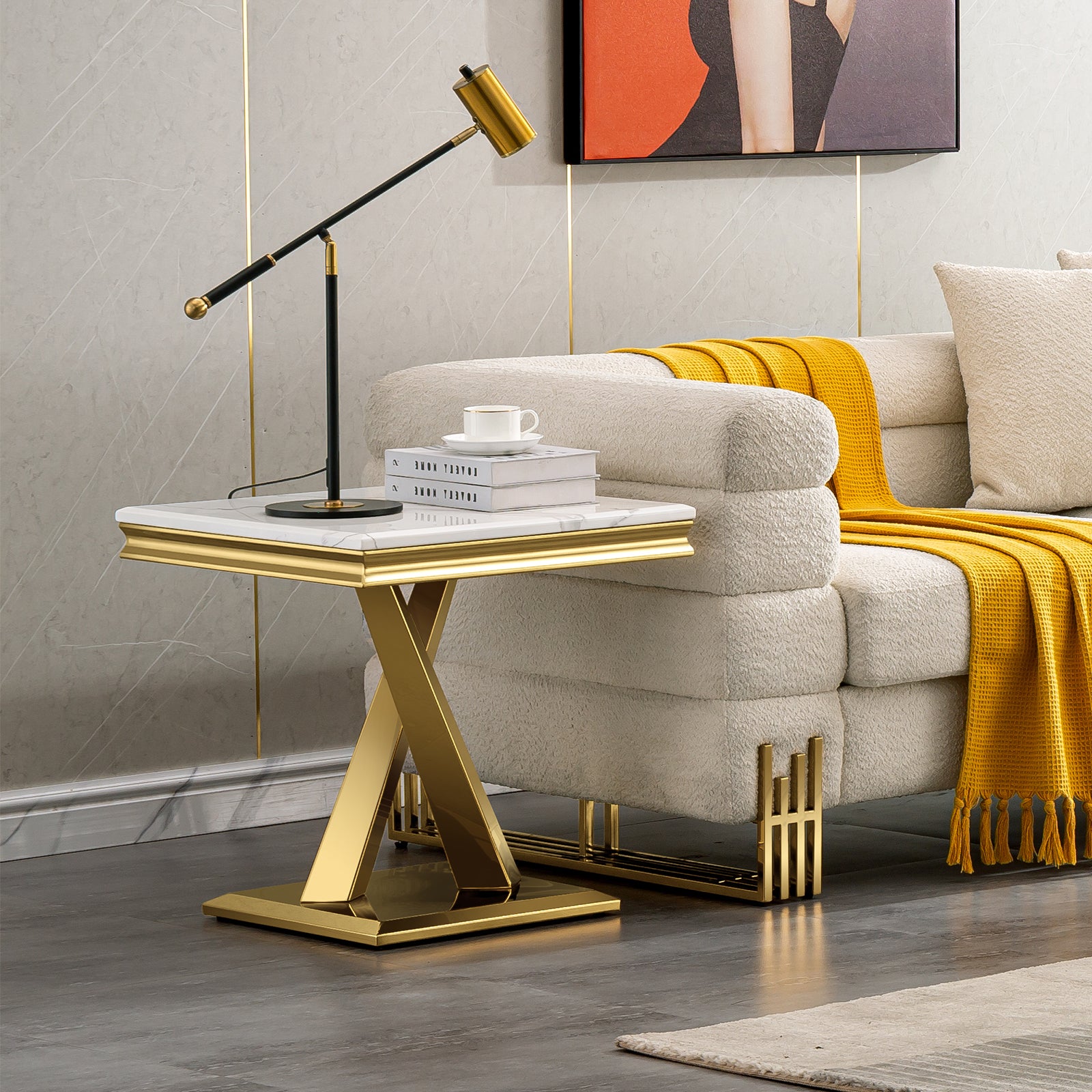 White  End Table with gold x base | E403