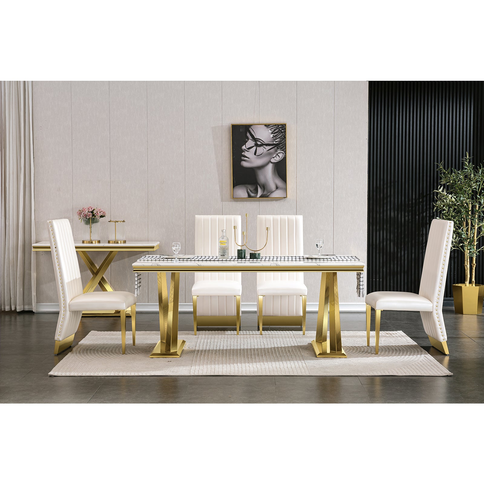 White Gold DIning table | 72" Rectangle Top |  Metal X legs | T213