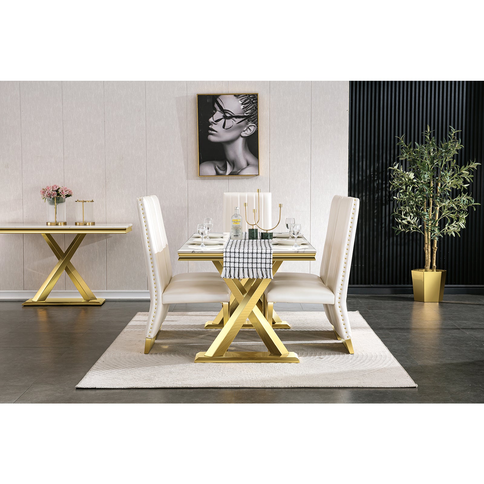 White Gold DIning table | 72" Rectangle Top |  Metal X legs | T213