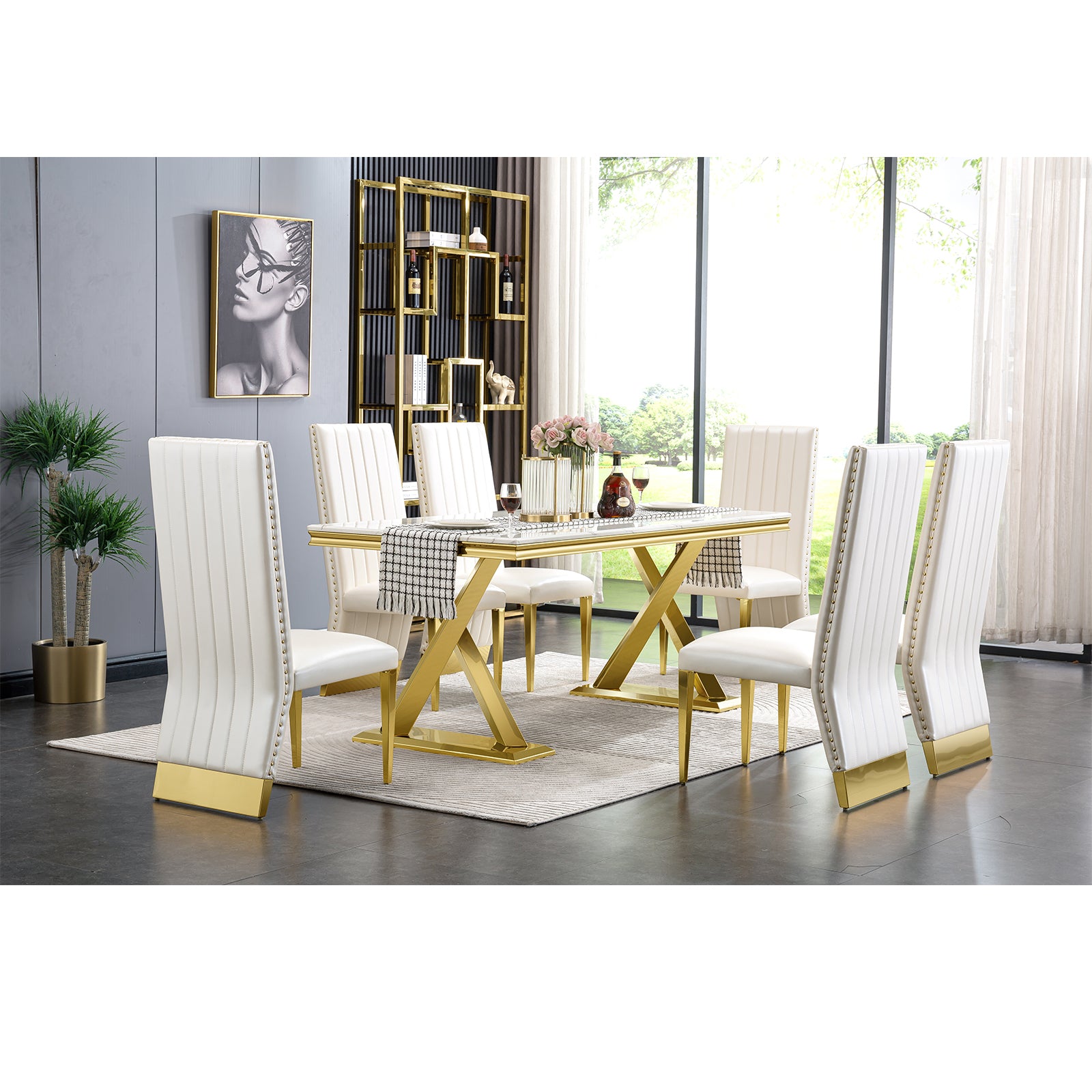 White Gold DIning table | 72" Rectangle Top |  Metal X legs | T213