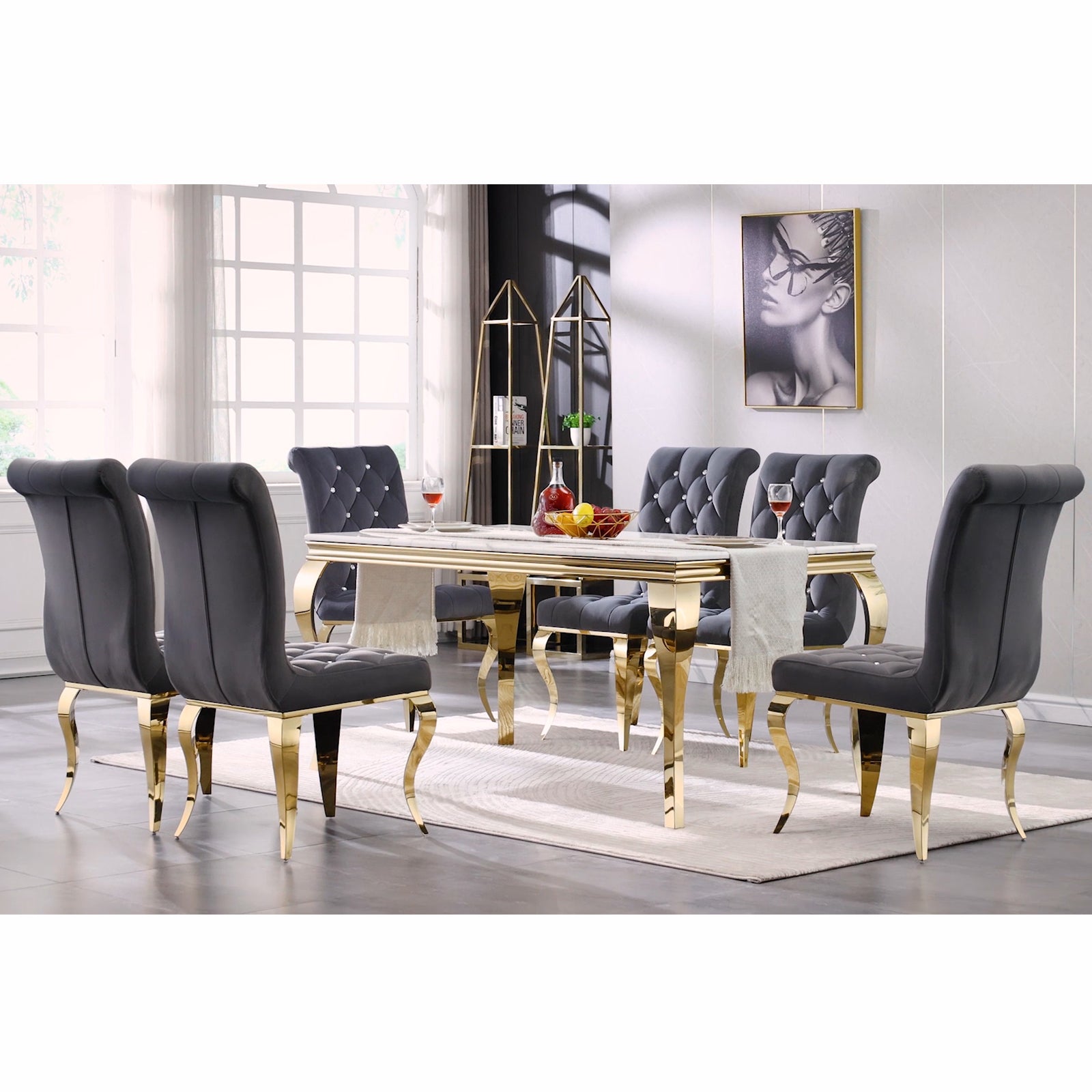 White dining table | 63" Tabletop | Gold metal Cabriole Legs | T205