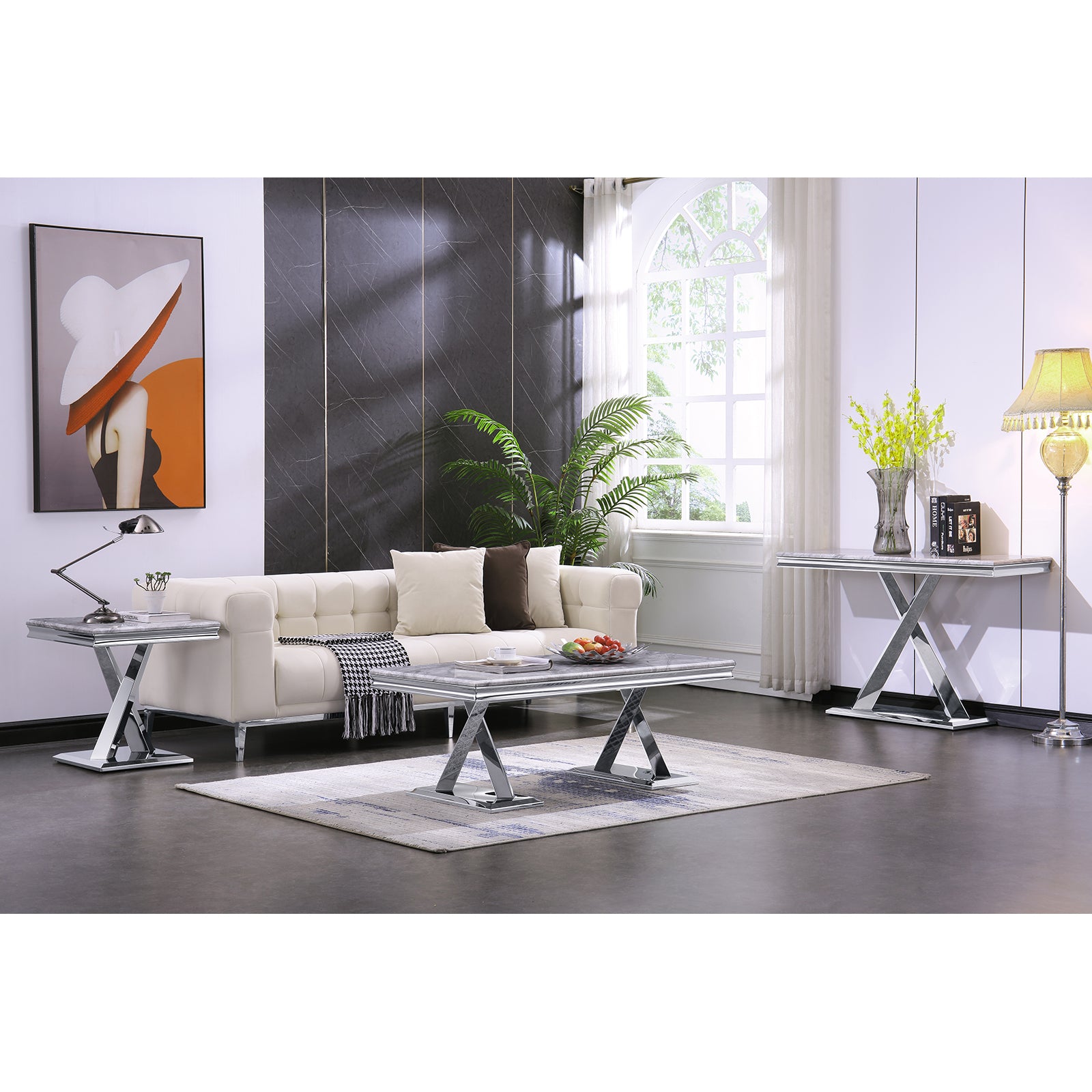 Silver Gray Sofa Table with Metal X- Base | S510