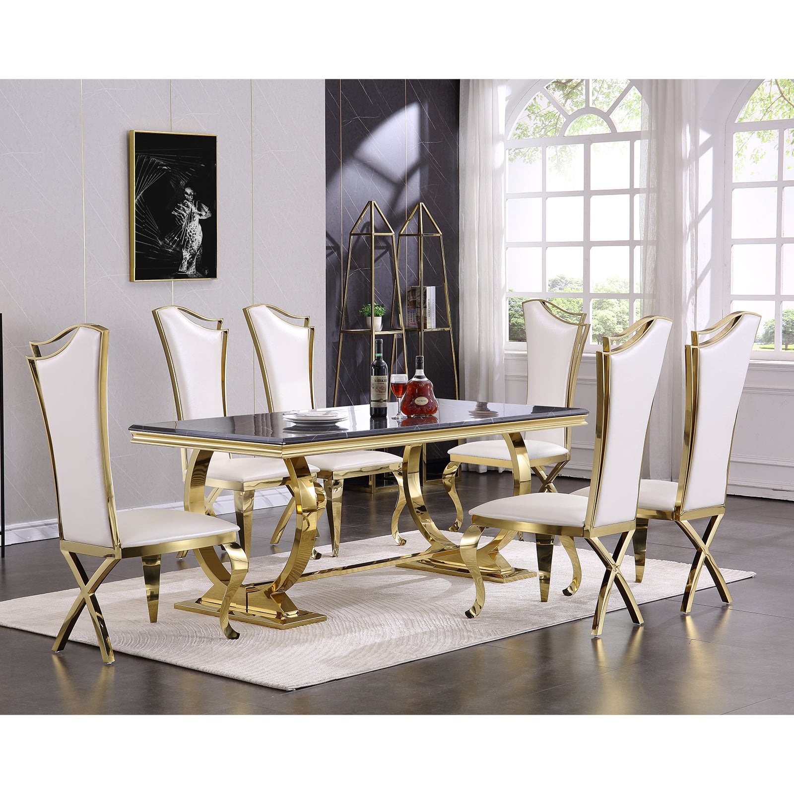 White Leather Upholstered Dining Chairs with Gorgeous Streamlined High Back and X-Shaped Metal Legs | C168