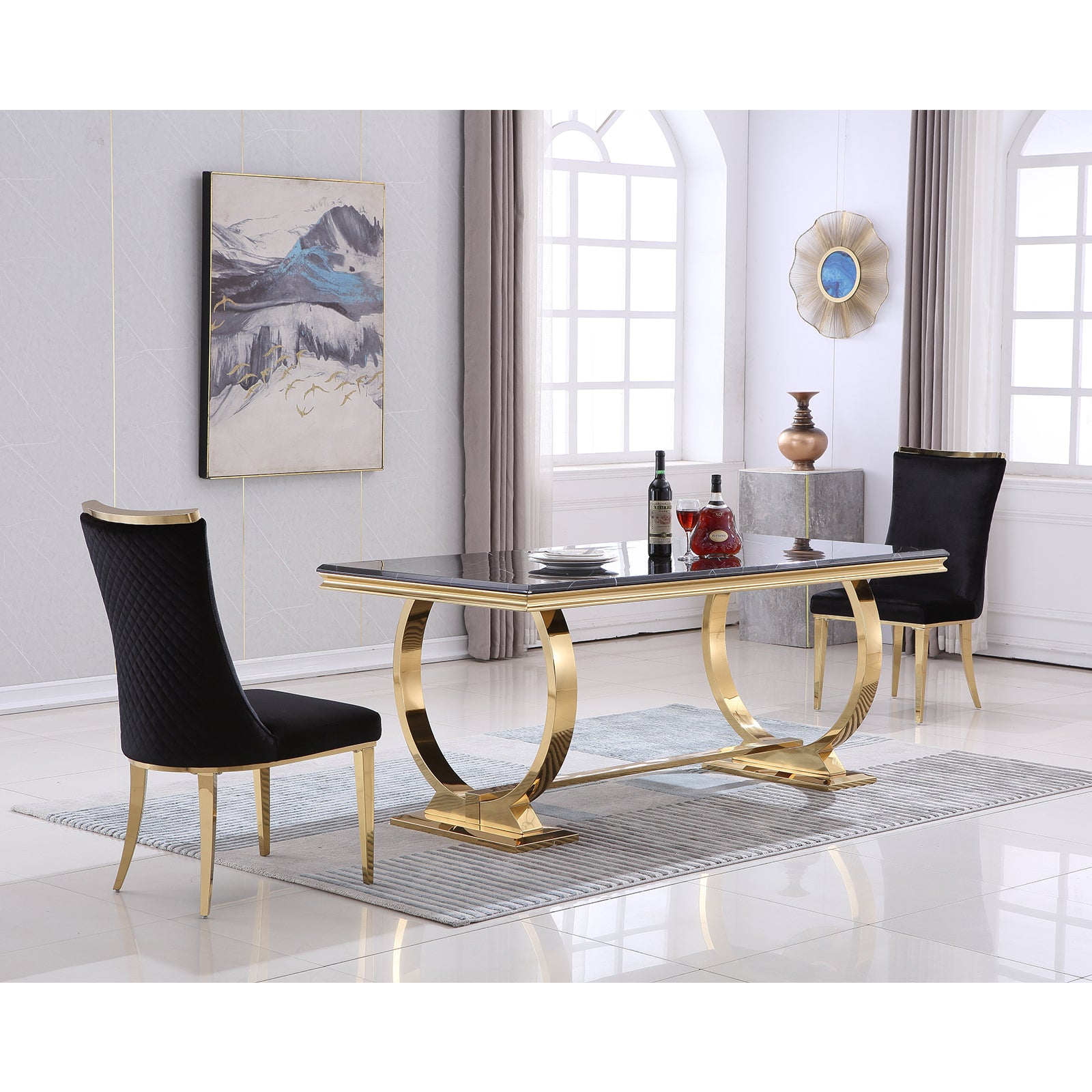 Black Velvet Dining Chairs | Reticulate Texture Back| Gold Metal Legs | C136