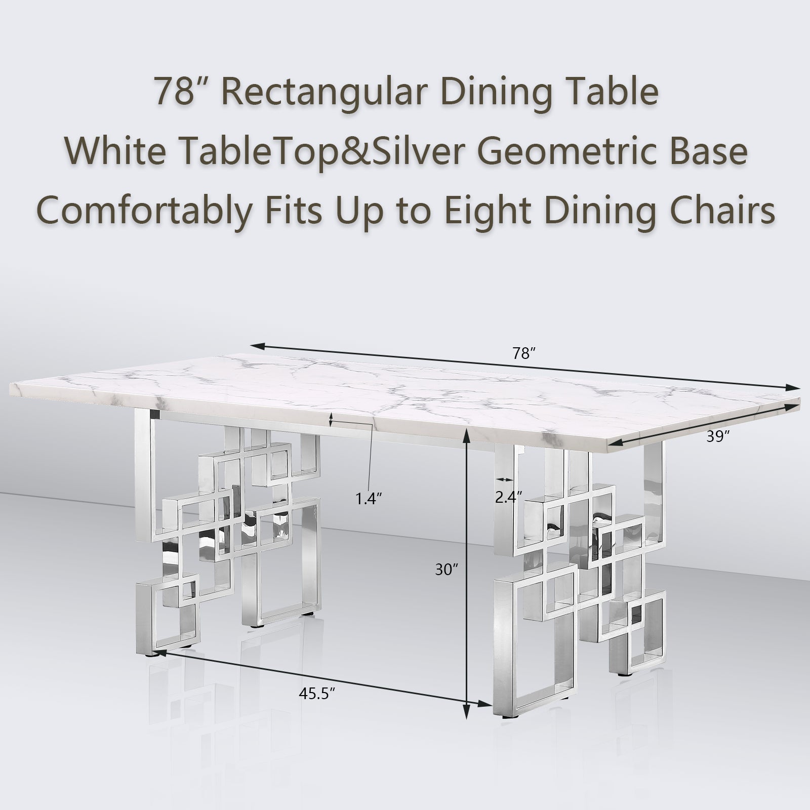 White dining table | 78" Rectangle Top | Silver Metal geometric legs | T216