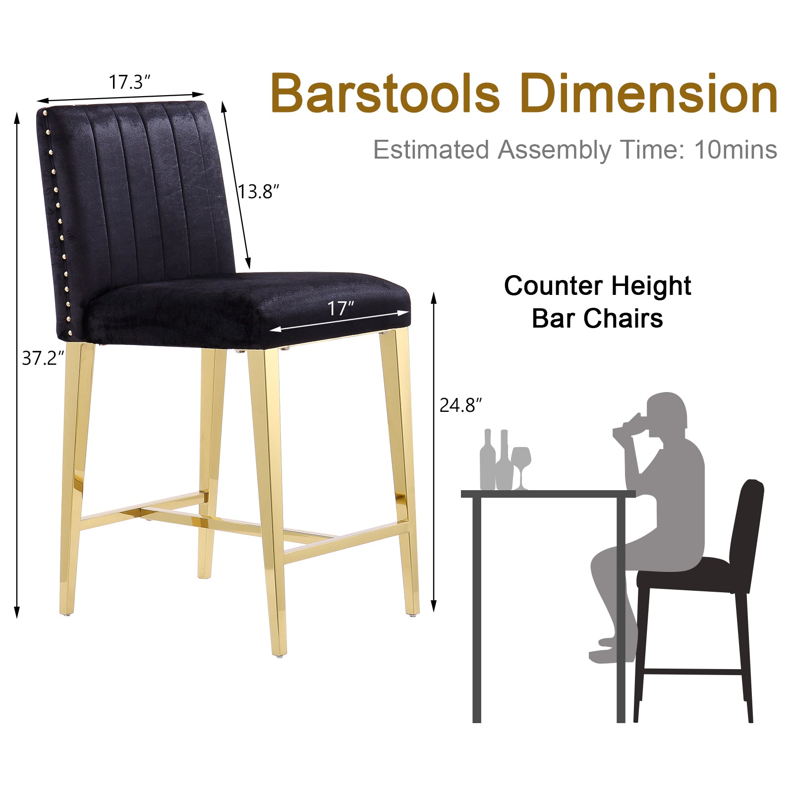 Counter Height Bar Stools | Black Velvet | 24.8-Inch Height