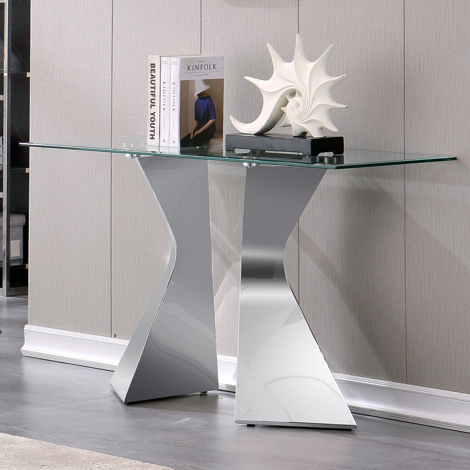 Glass Sofa Table with metal silver L-shaped legs | S519