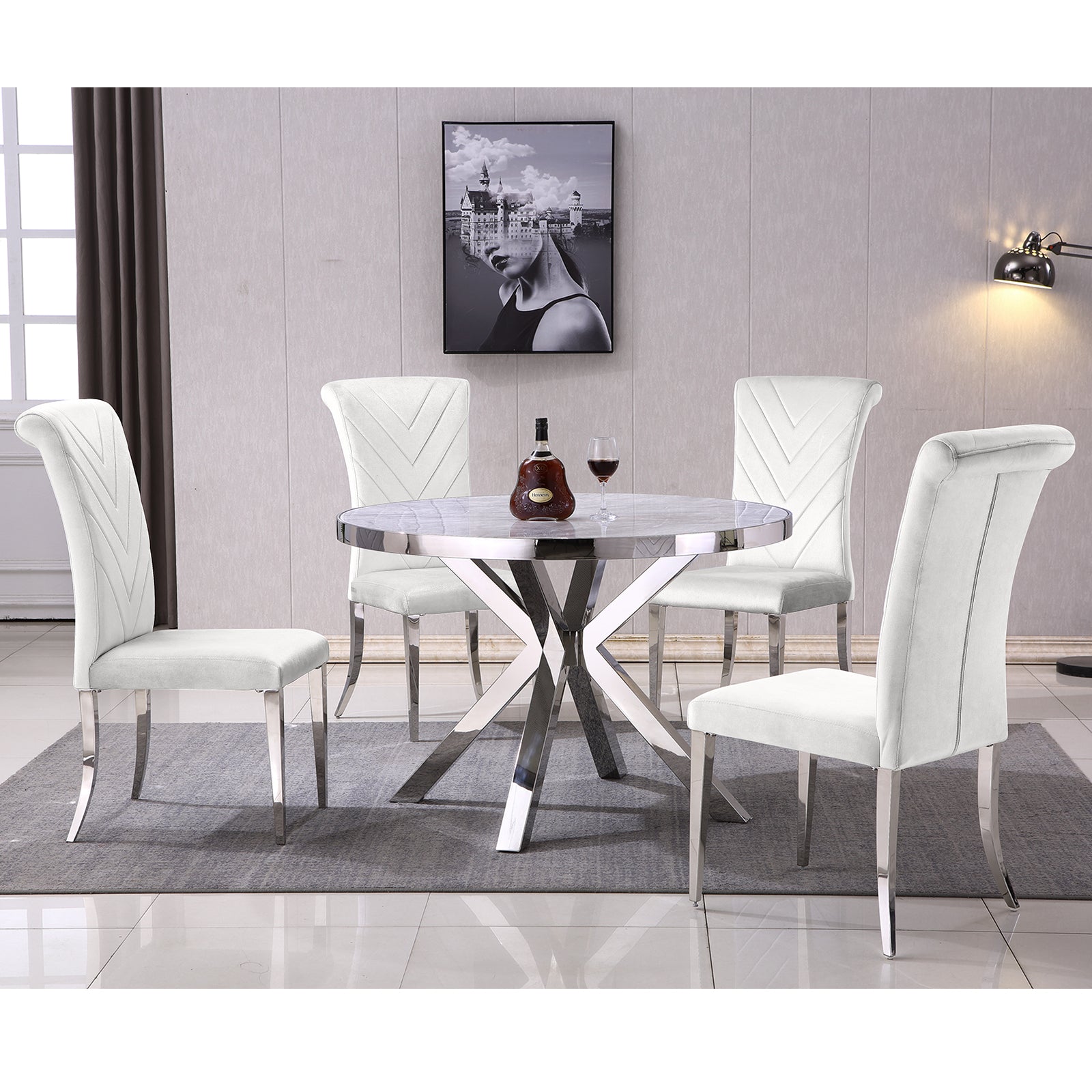 White velvet dining chairs | High Rolled Back | Silver metal legs | C171