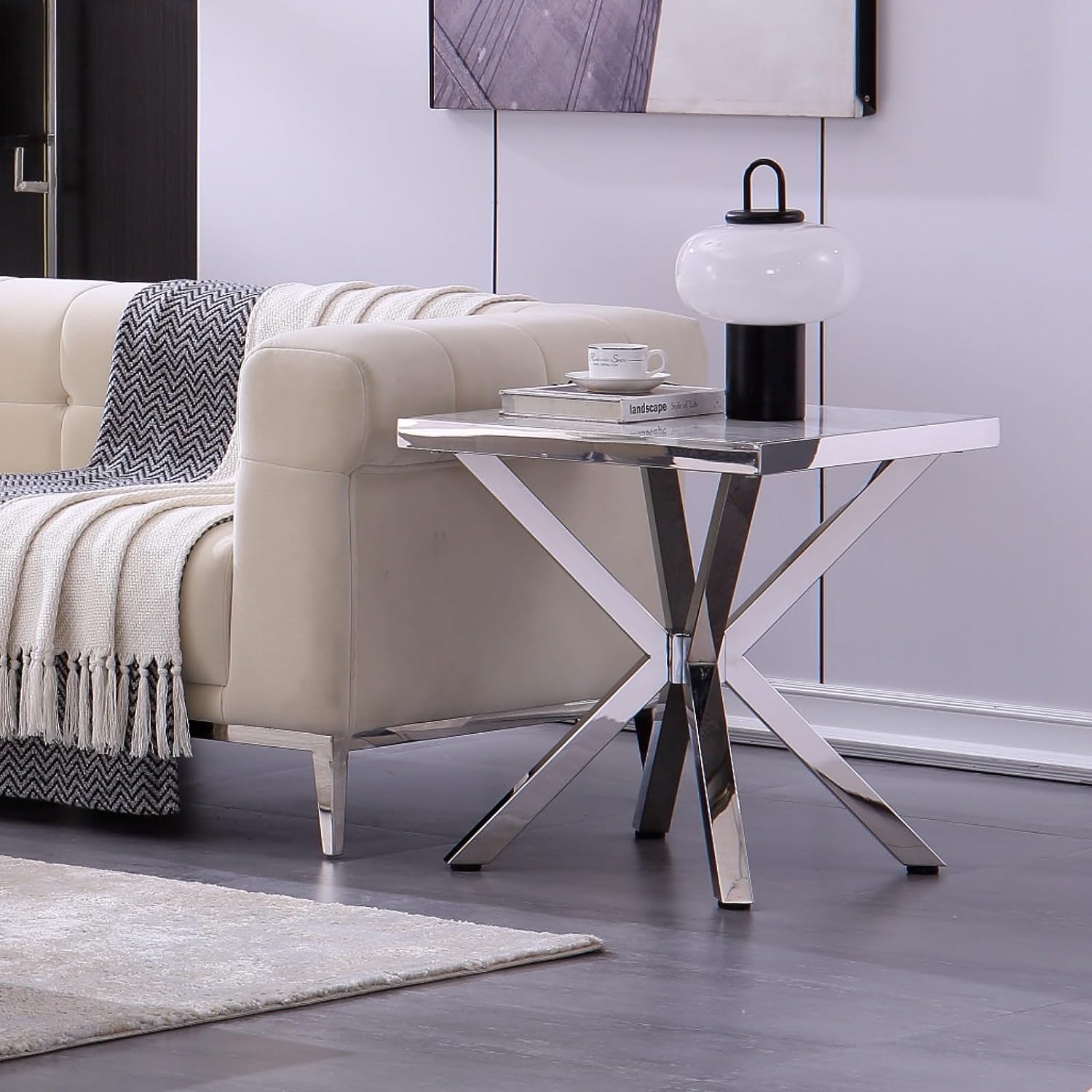 Silver End Table with Metal Cross Base  | E409