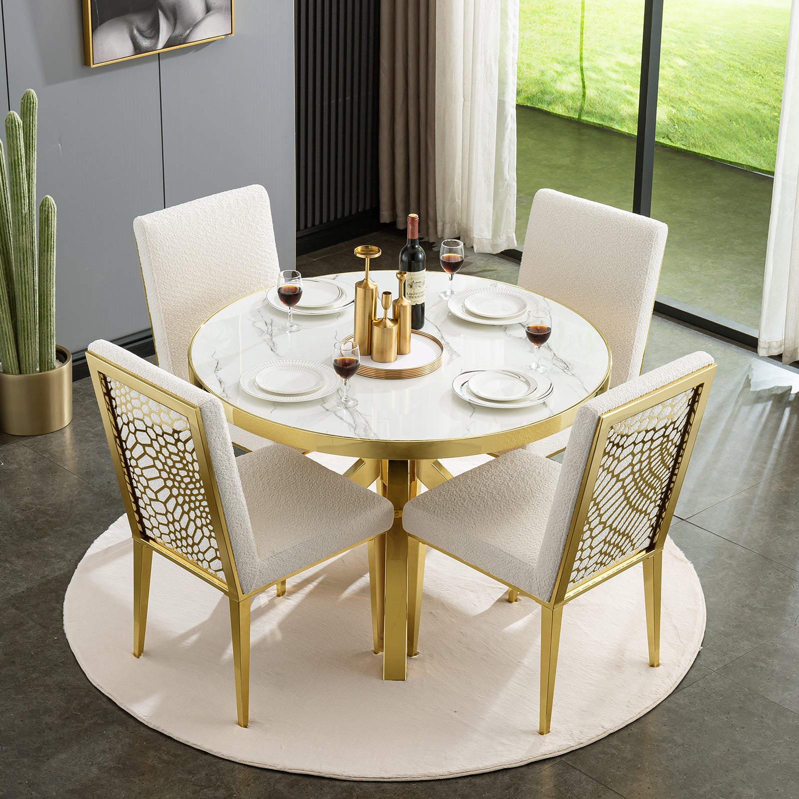 AUZ Round Dining Table  with  patterned Back dining chairs set for 4