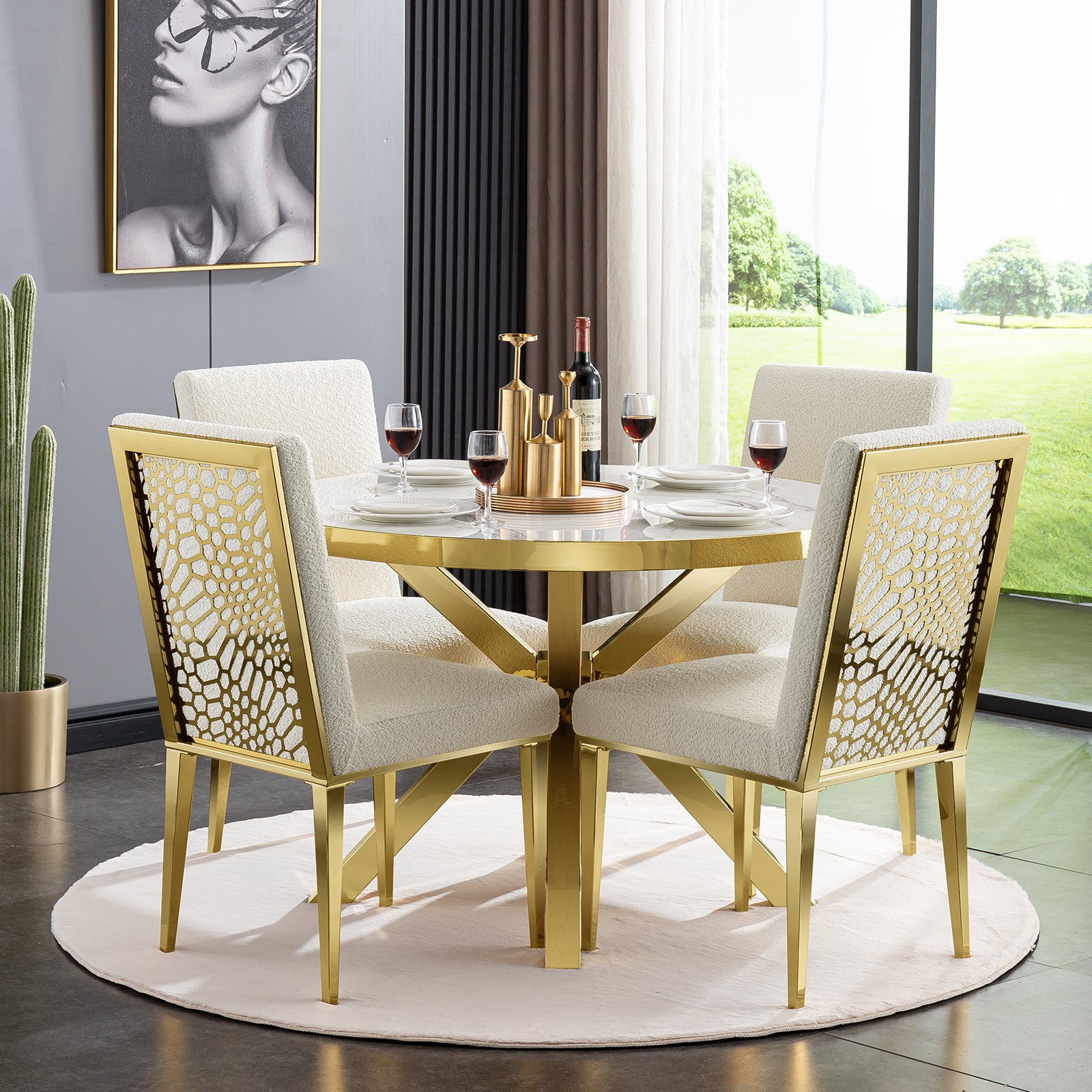 AUZ Round Dining Table  with  patterned Back dining chairs set for 4