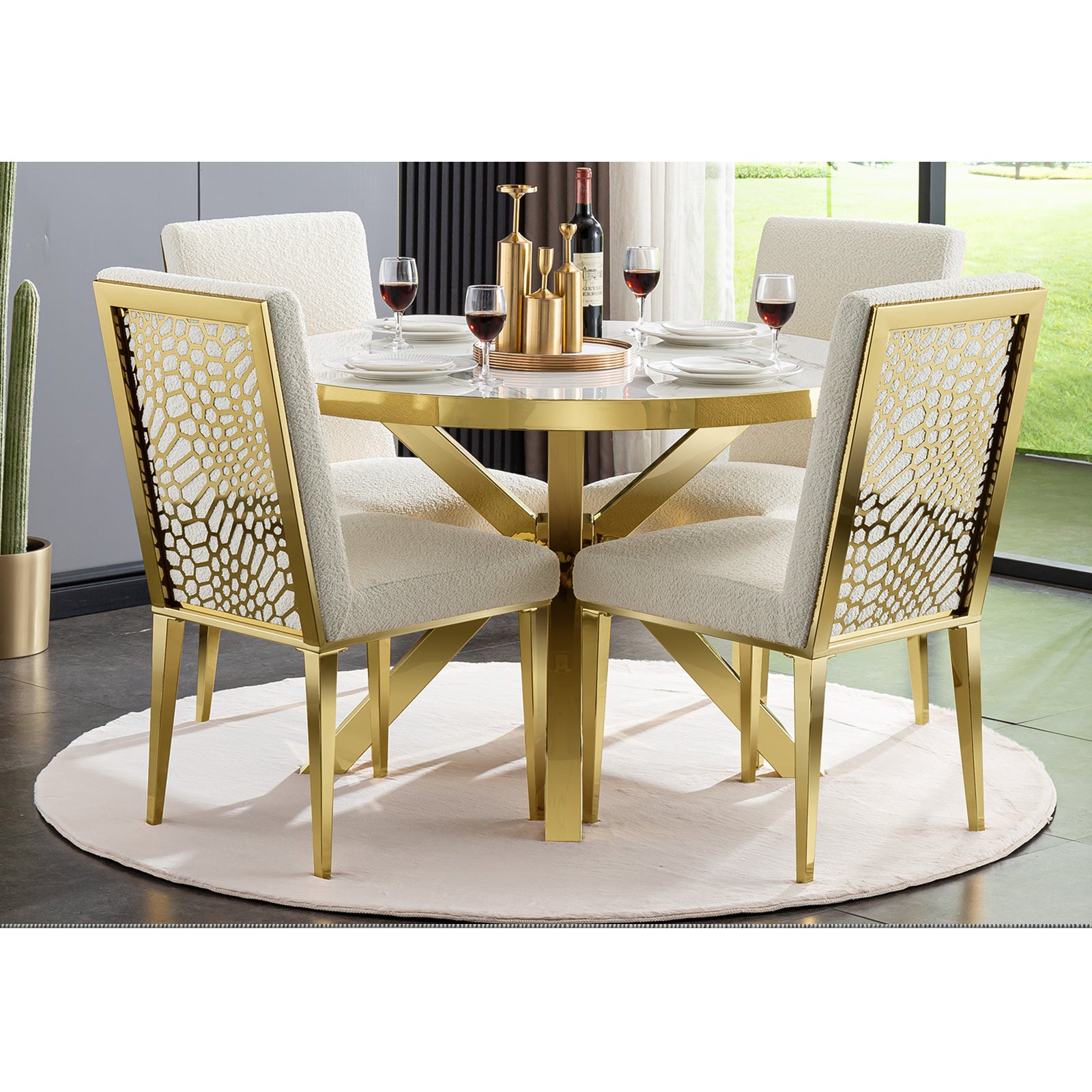 AUZ Round Dining Table  with  patterned Back dining chairs set for 4