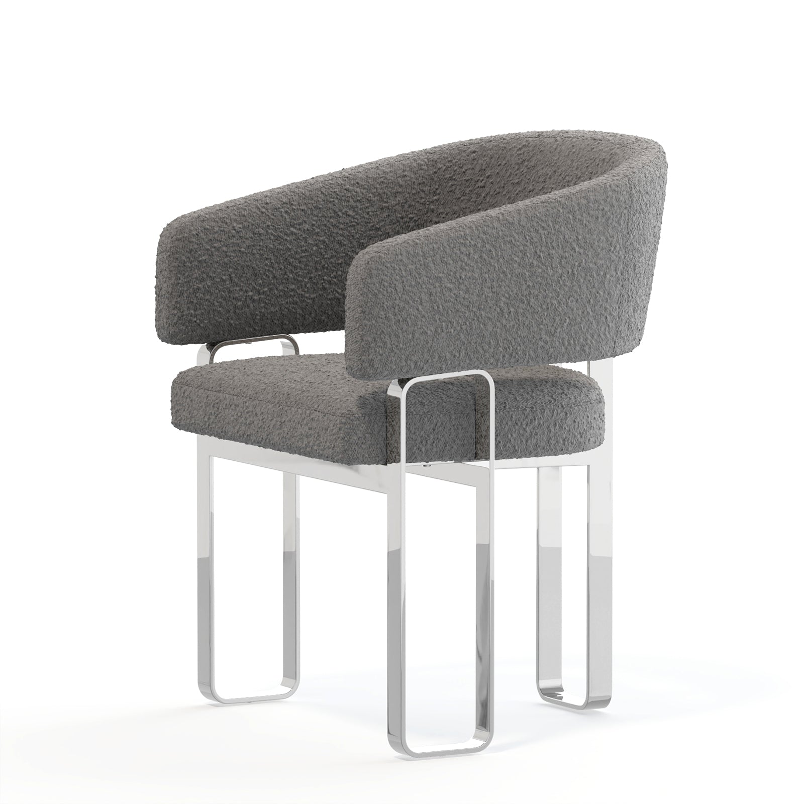 Gray and Silver Arm Chairs | Boucle Dining Room Chairs | Polished Stainless Steel Legs  | C188