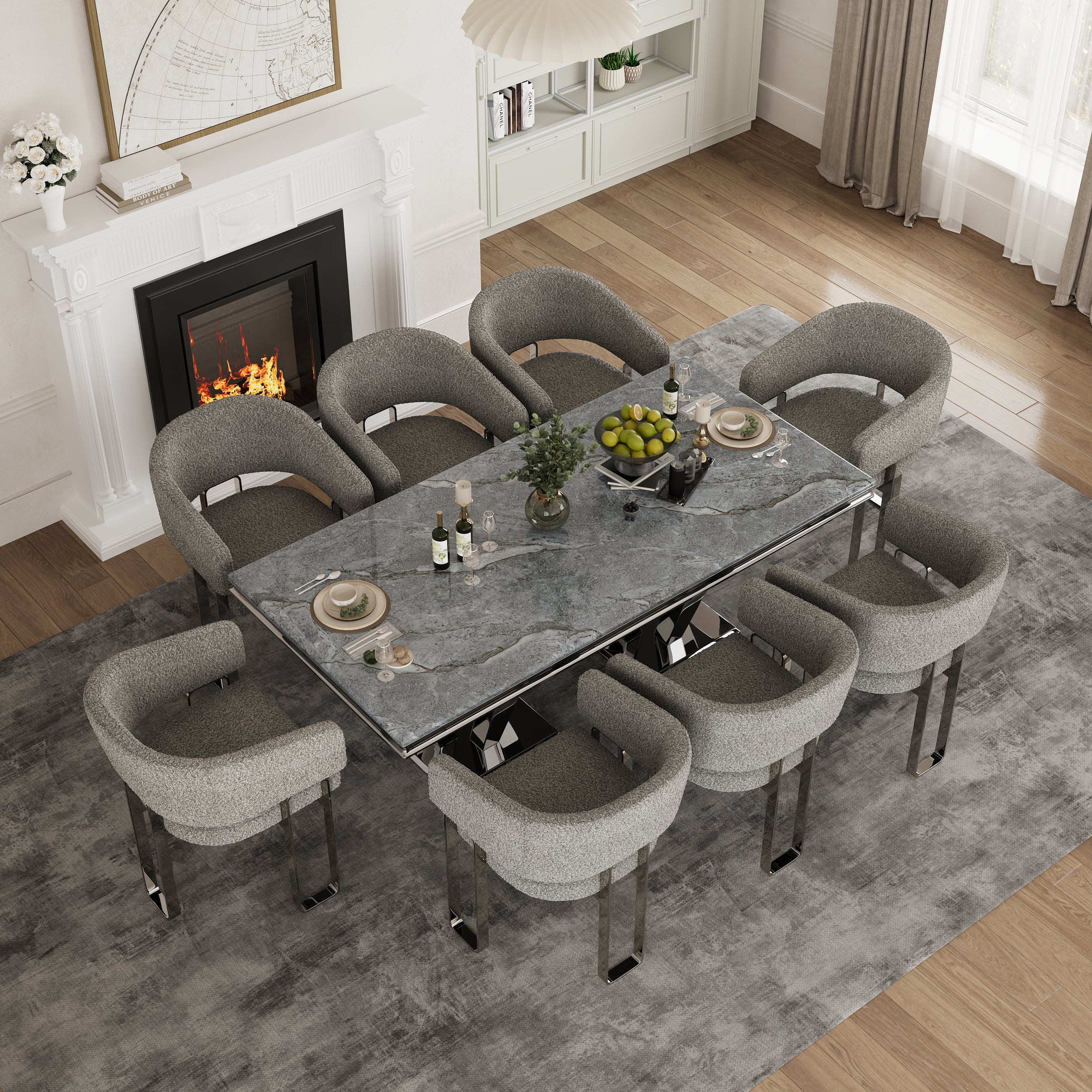 Gray and Silver Arm Chairs | Boucle Dining Room Chairs | Polished Stainless Steel Legs  | C188