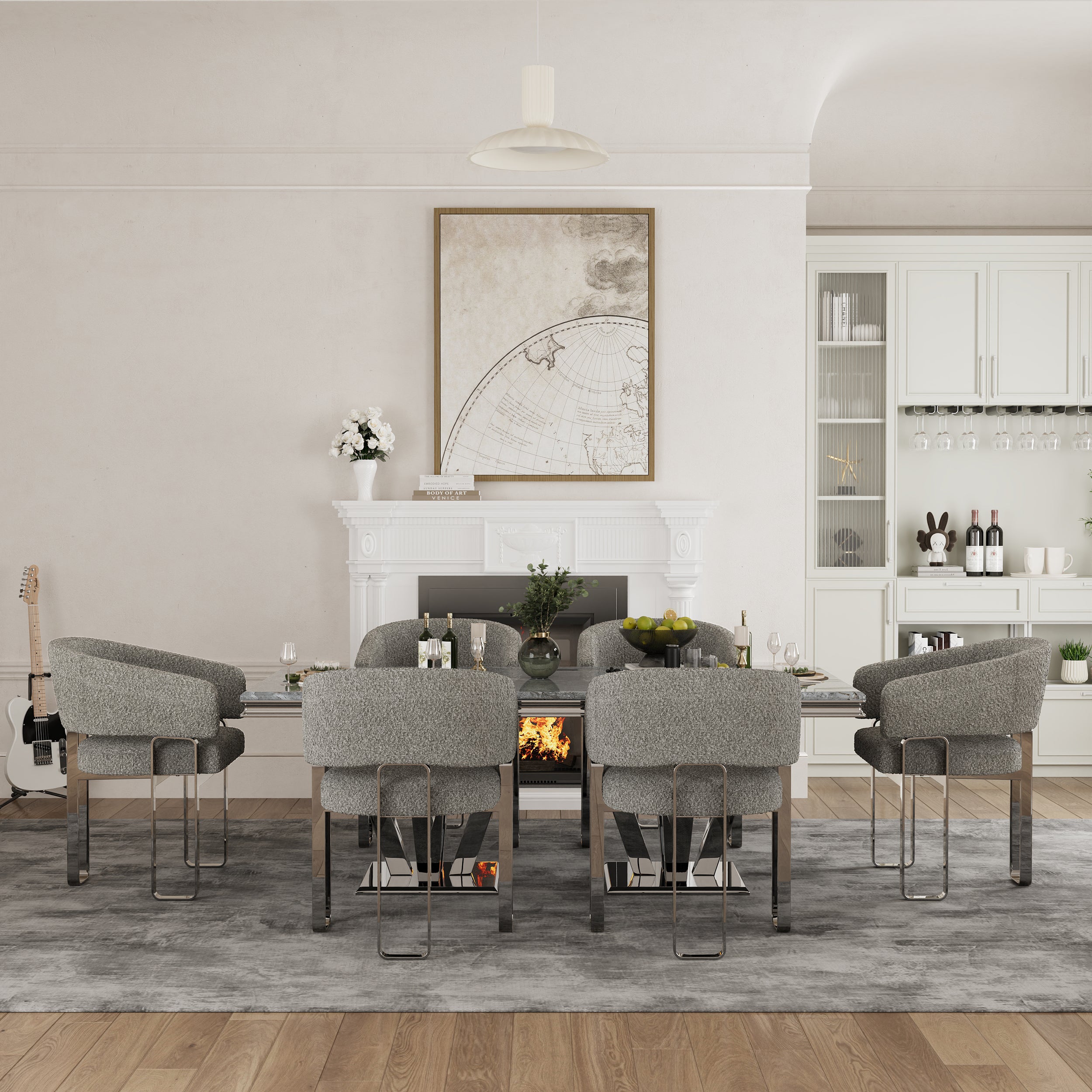 Gray and Silver Arm Chairs | Boucle Dining Room Chairs | Polished Stainless Steel Legs  | C188
