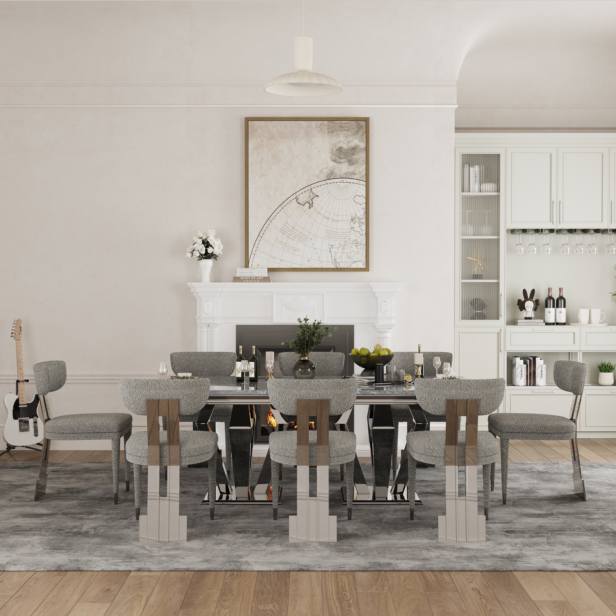 Gray and Silver Dining Chairs | Boucle Dining Room Chairs | Curved Back | Polished Stainless Steel Legs  | C191