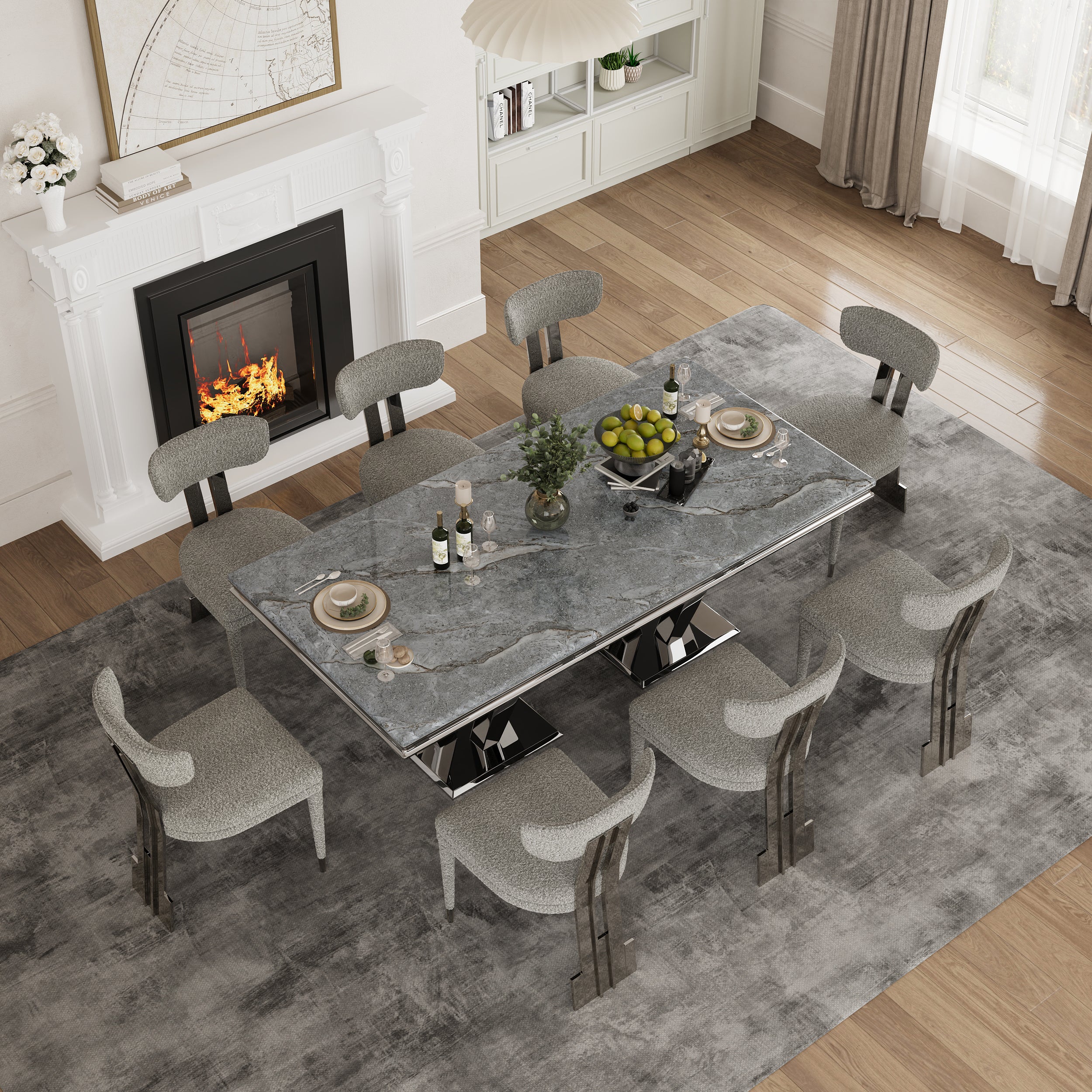 Gray and Silver Dining Chairs | Boucle Dining Room Chairs | Curved Back | Polished Stainless Steel Legs  | C191
