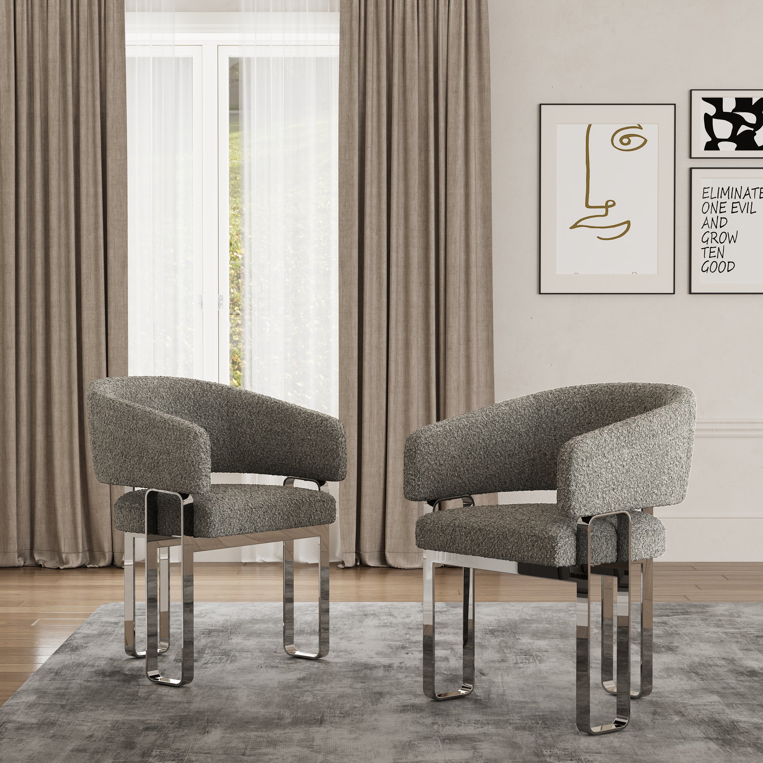 Gray and Silver Arm Chairs | Boucle Dining Room Chairs | Polished Stainless Steel Legs  | C188