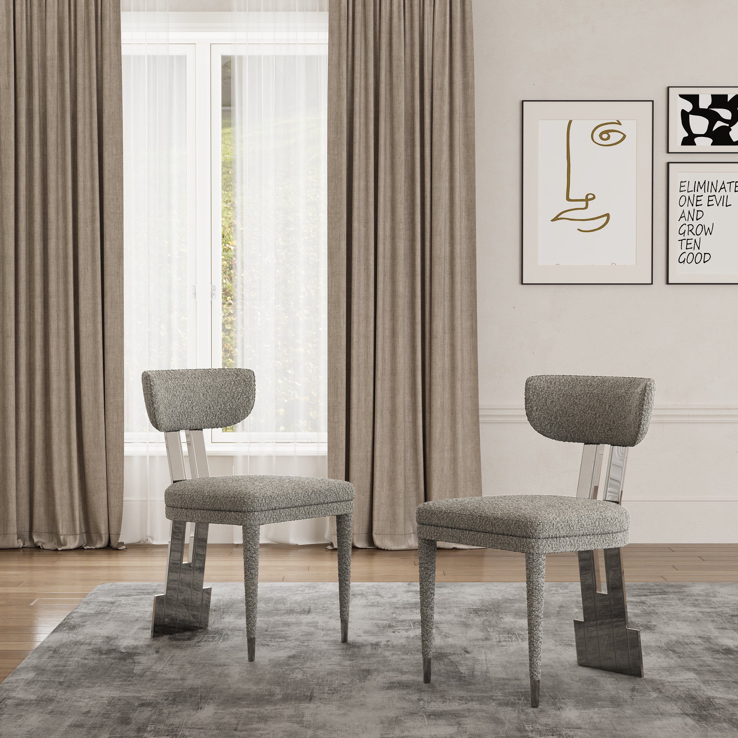 Gray and Silver Dining Chairs | Boucle Dining Room Chairs | Curved Back | Polished Stainless Steel Legs  | C191