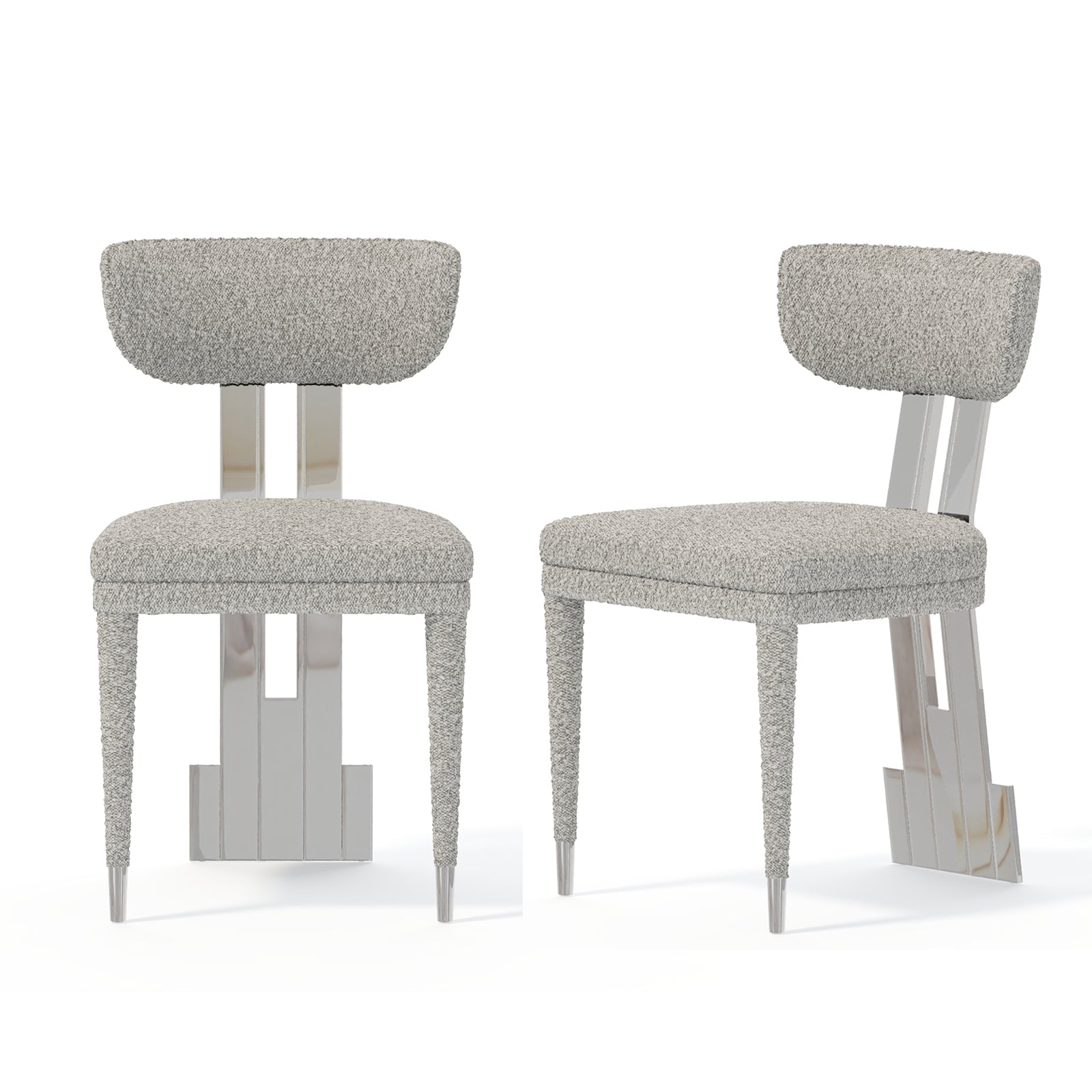 Gray and Silver Dining Chairs | Boucle Dining Room Chairs | Curved Back | Polished Stainless Steel Legs  | C191