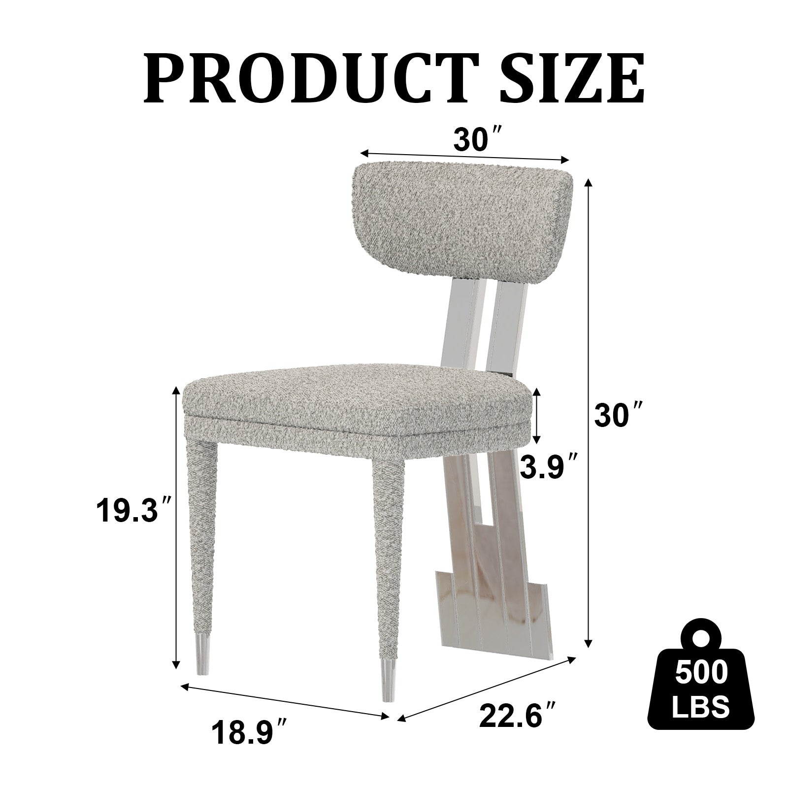 Gray and Silver Dining Chairs | Boucle Dining Room Chairs | Curved Back | Polished Stainless Steel Legs  | C191