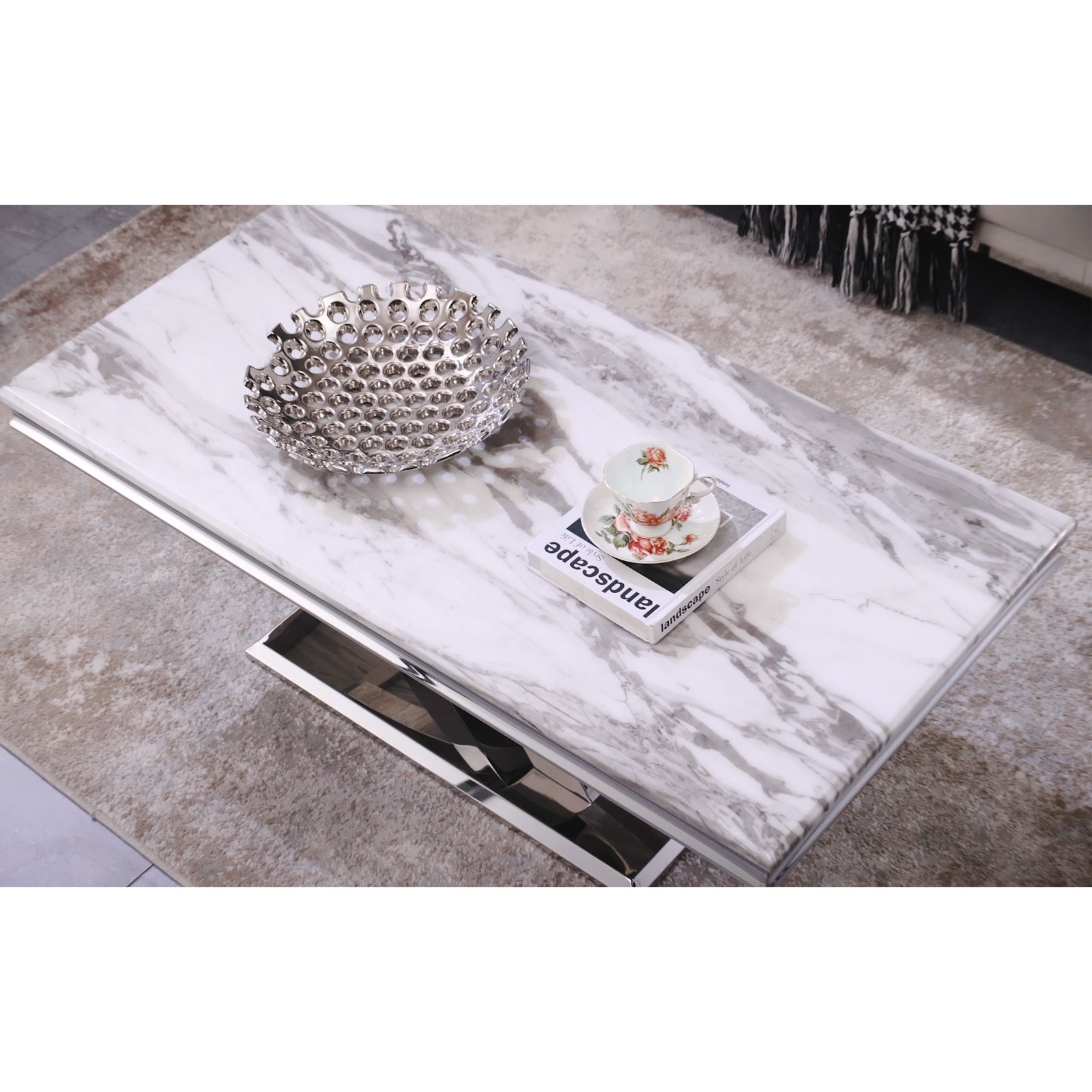 Silver Coffee Table with Metal Double X Base | F313