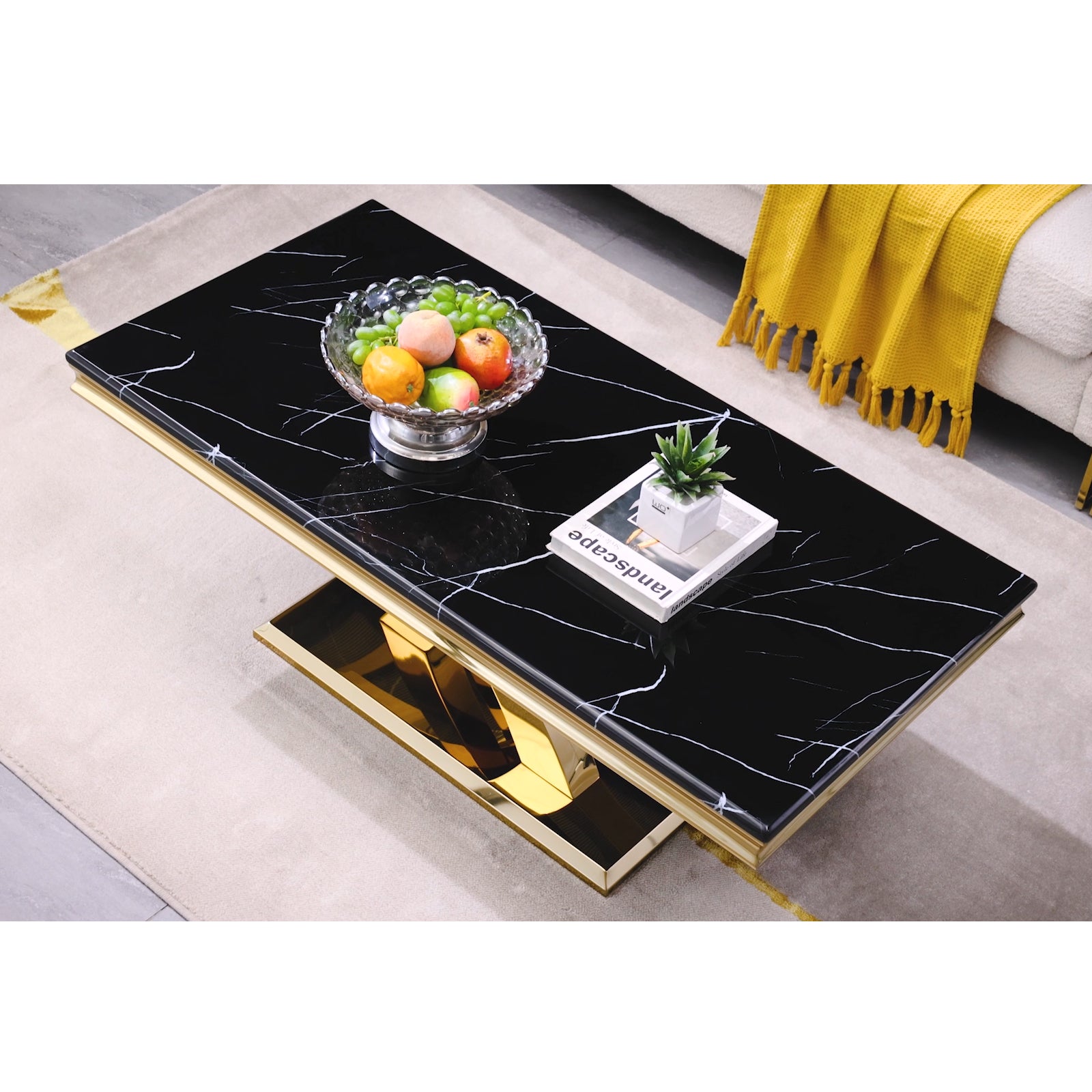 Gold Coffee Table with Metal Double X Base | F312
