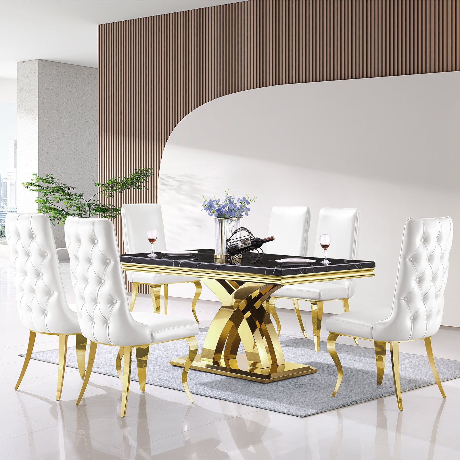 Black Gold DIning table | 65'' Rectangular Top | Metal Double X Base | T200