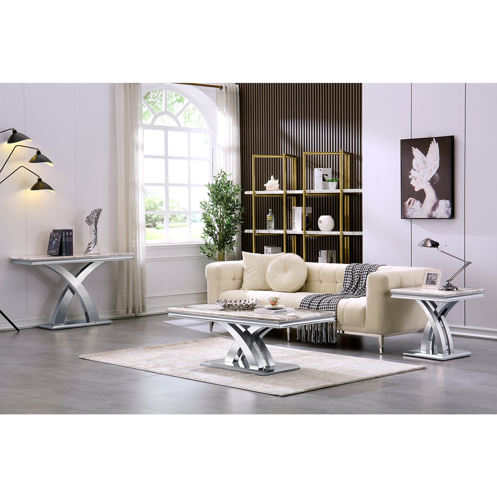 Silver End Table with Double X Pedestal | E417
