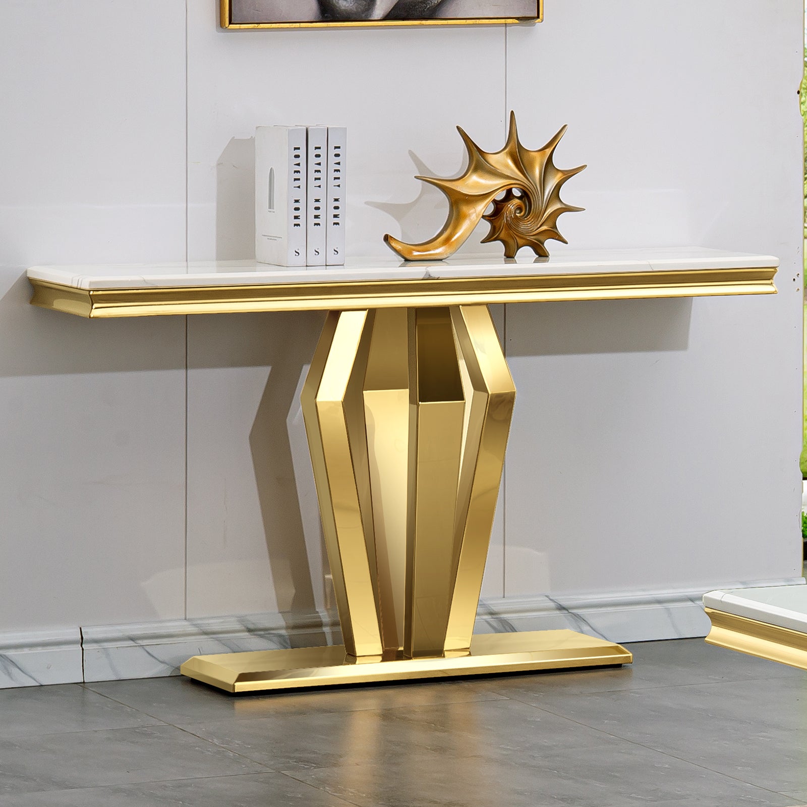 White Gold Sofa Table with metal Geometric Base | S509