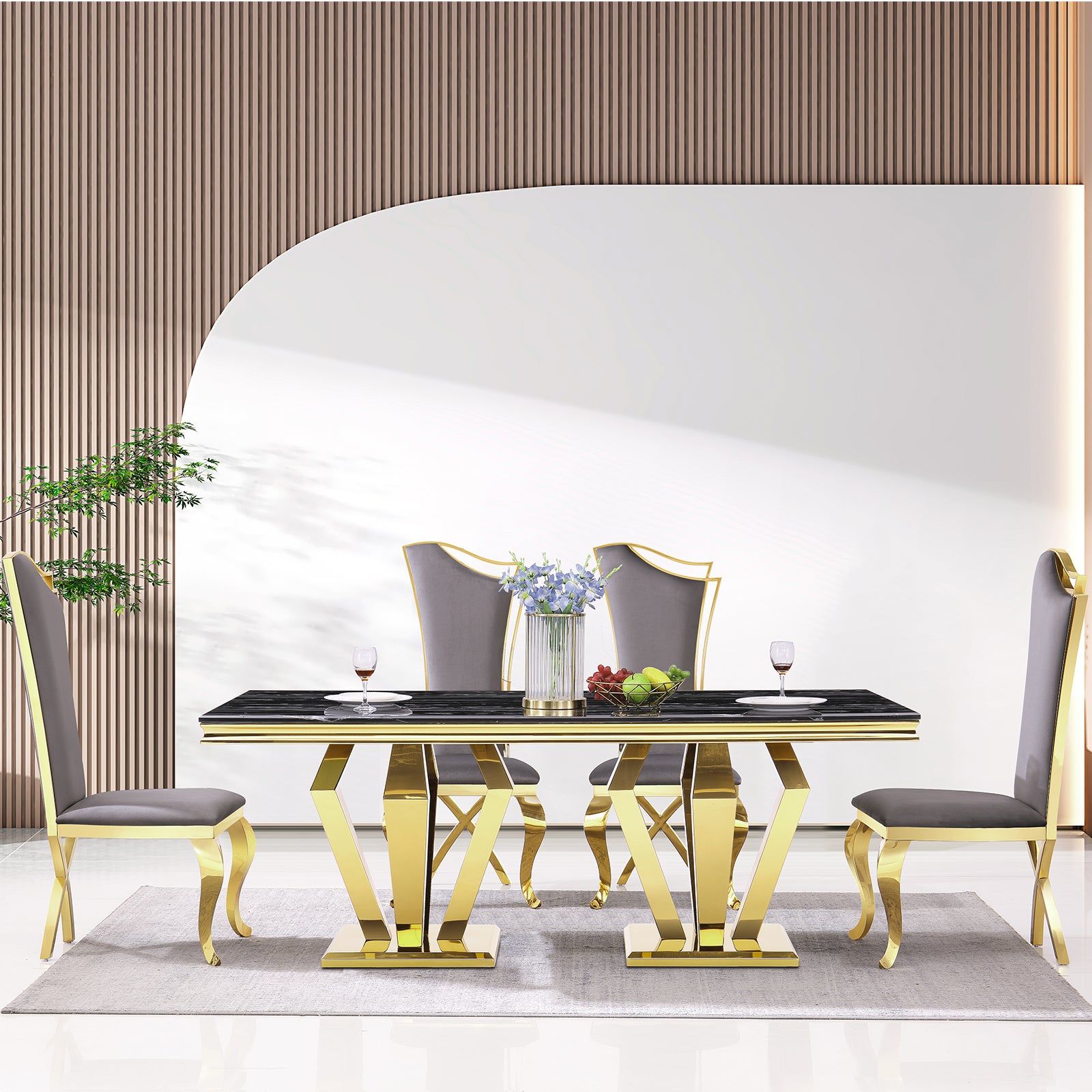 Gray Velvet Dining Chairs | Streamlined High backrest | Gold Metal Legs | C167