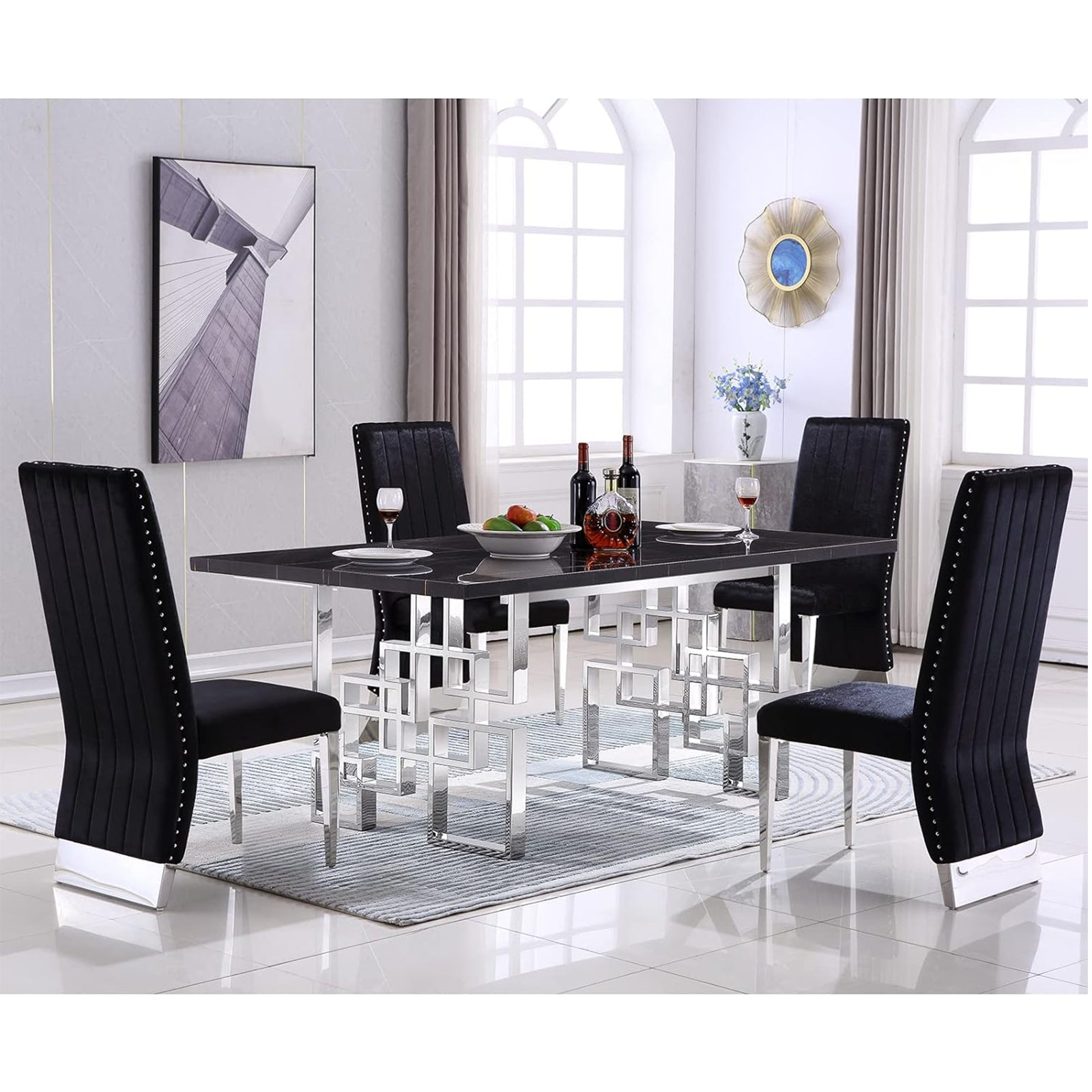 Black dining table | 78" Rectangle Top | Silver Metal geometric legs | T217