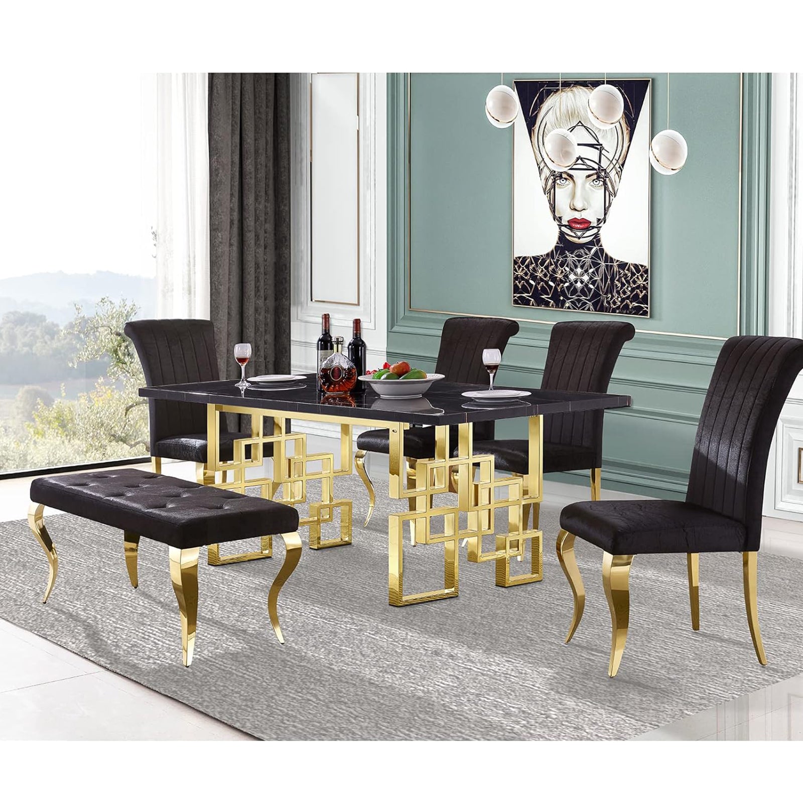 Black dining table | 78" Rectangle Top | Gold Metal geometric legs | T218