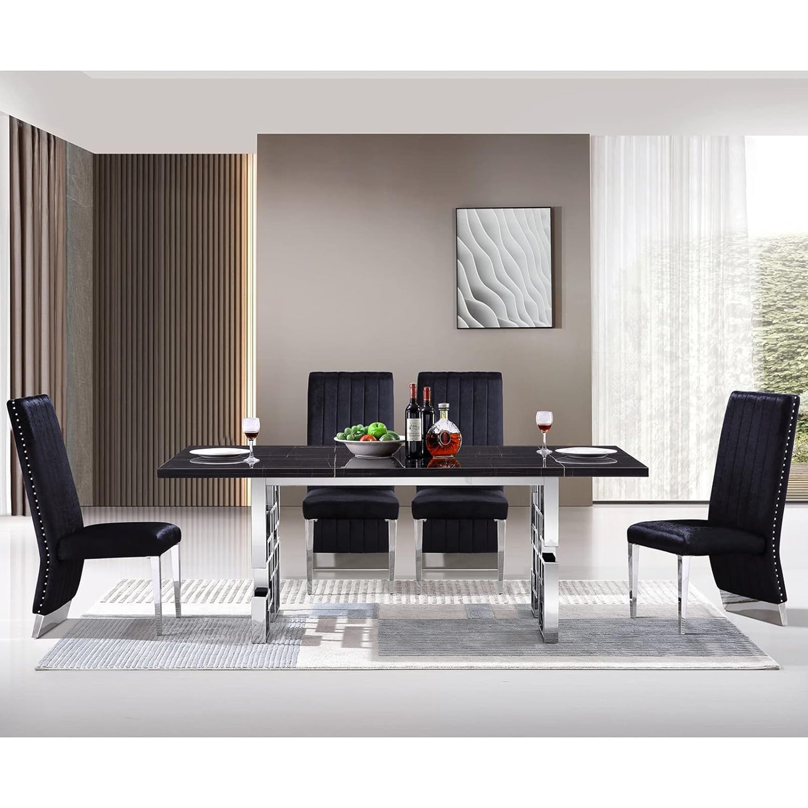 Black dining table | 78" Rectangle Top | Silver Metal geometric legs | T217